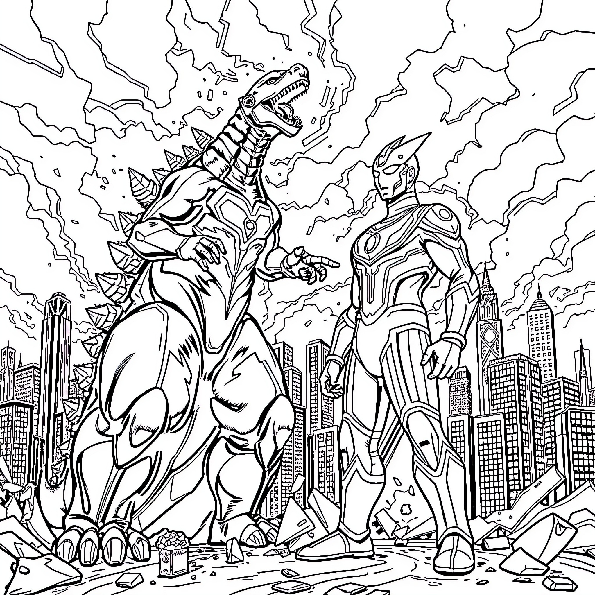 Ultraman Battles a Colossal Creature in a Devastated City Coloring Page (free black-and-white line drawing printable PDF for all, from beginners to advanced learners, including children, teens, adults, and seniors)