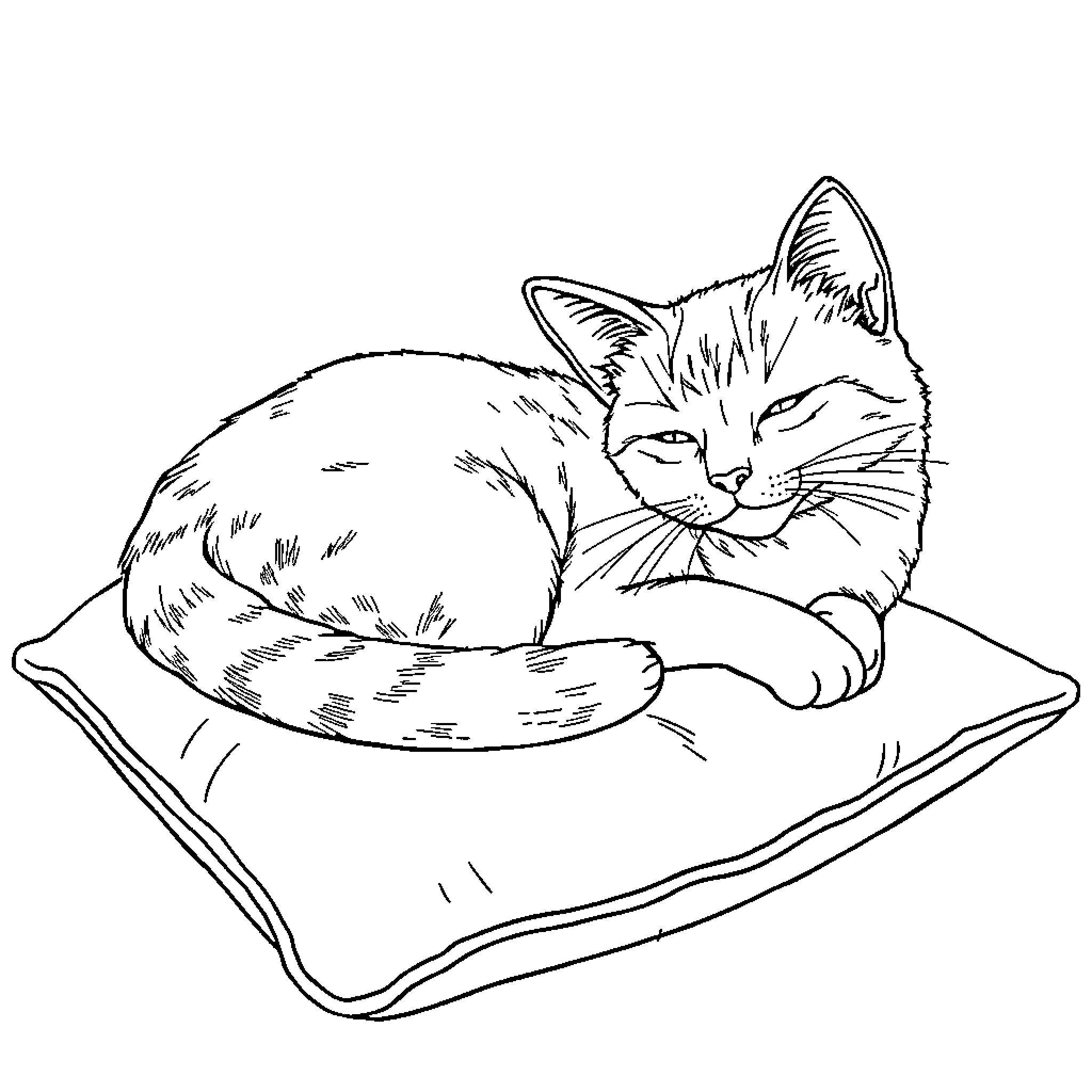 Cat sleeping peacefully on cushion Coloring Page (free black-and-white line drawing printable PDF for all, from beginners to advanced learners, including children, teens, adults, and seniors)
