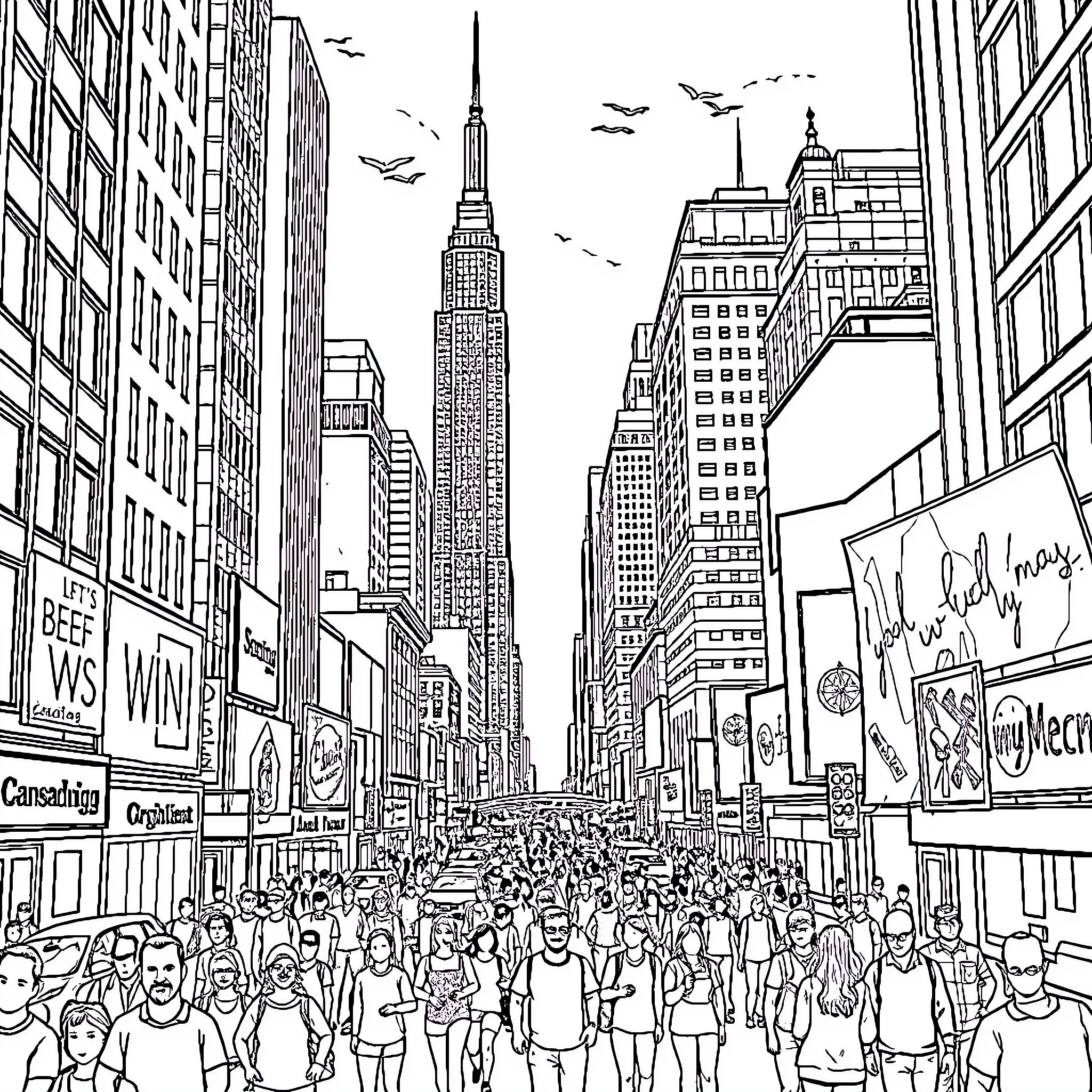 City Bustling with Crowds and Skyscrapers Coloring Page (free black-and-white line drawing printable PDF for all, from beginners to advanced learners, including children, teens, adults, and seniors)
