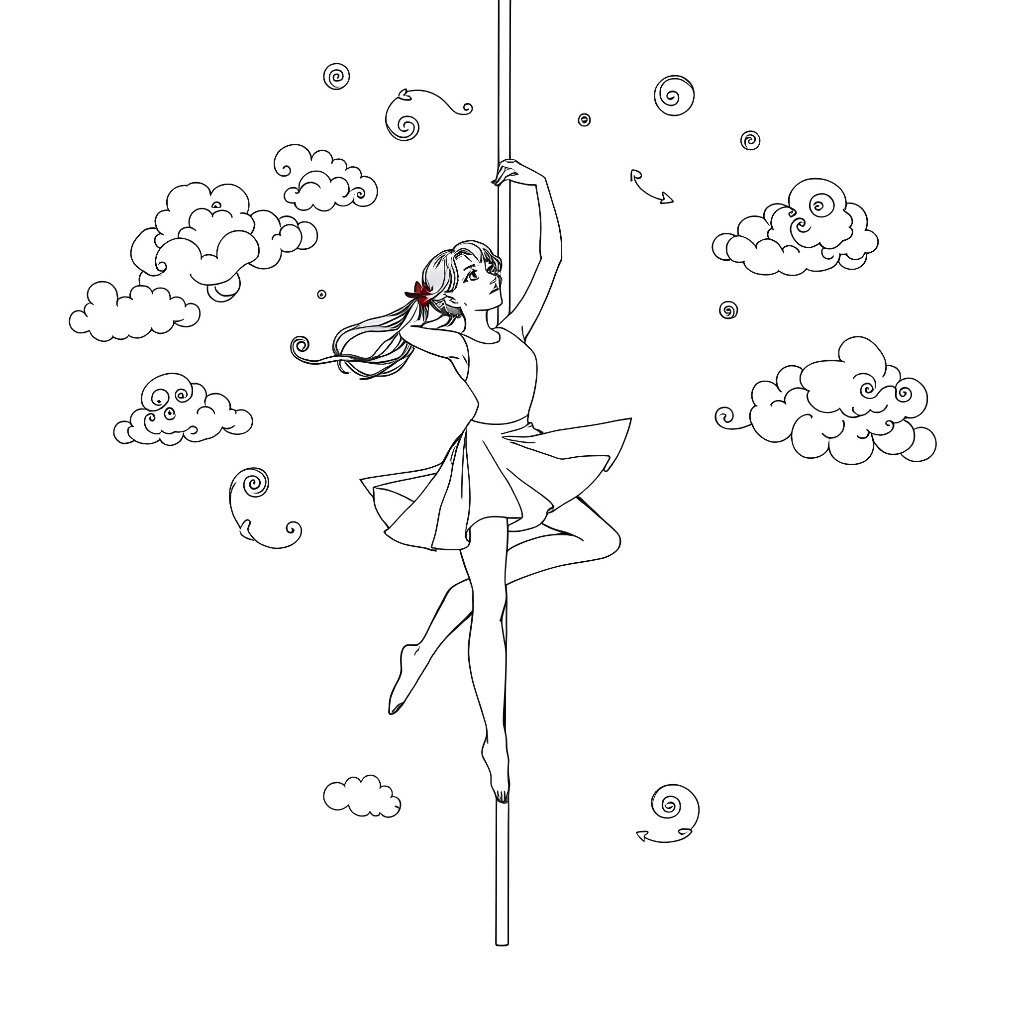Girl dancing gracefully in the clouds Coloring Page (free black-and-white line drawing printable PDF for all, from beginners to advanced learners, including children, teens, adults, and seniors)