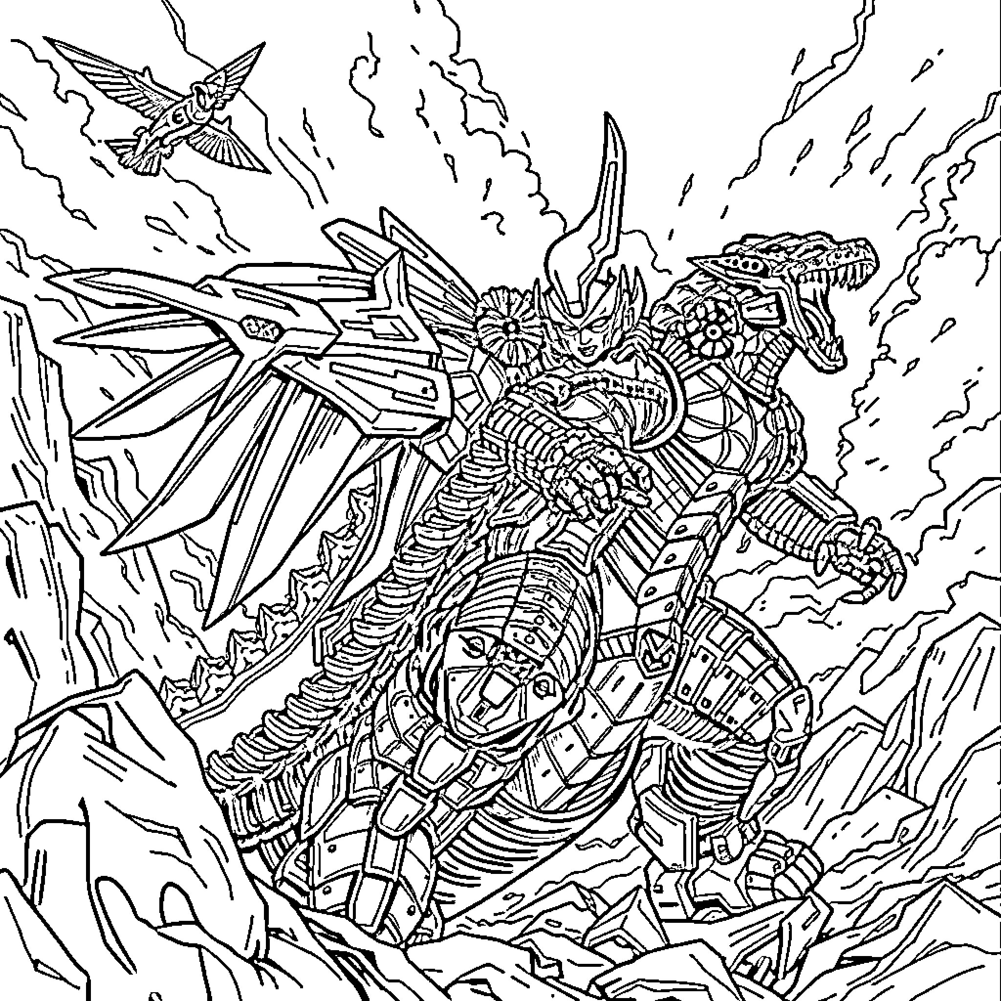 Falcon's Mech Encounter in Thunderous Landscape Coloring Page (free black-and-white line drawing printable PDF for all, from beginners to advanced learners, including children, teens, adults, and seniors)