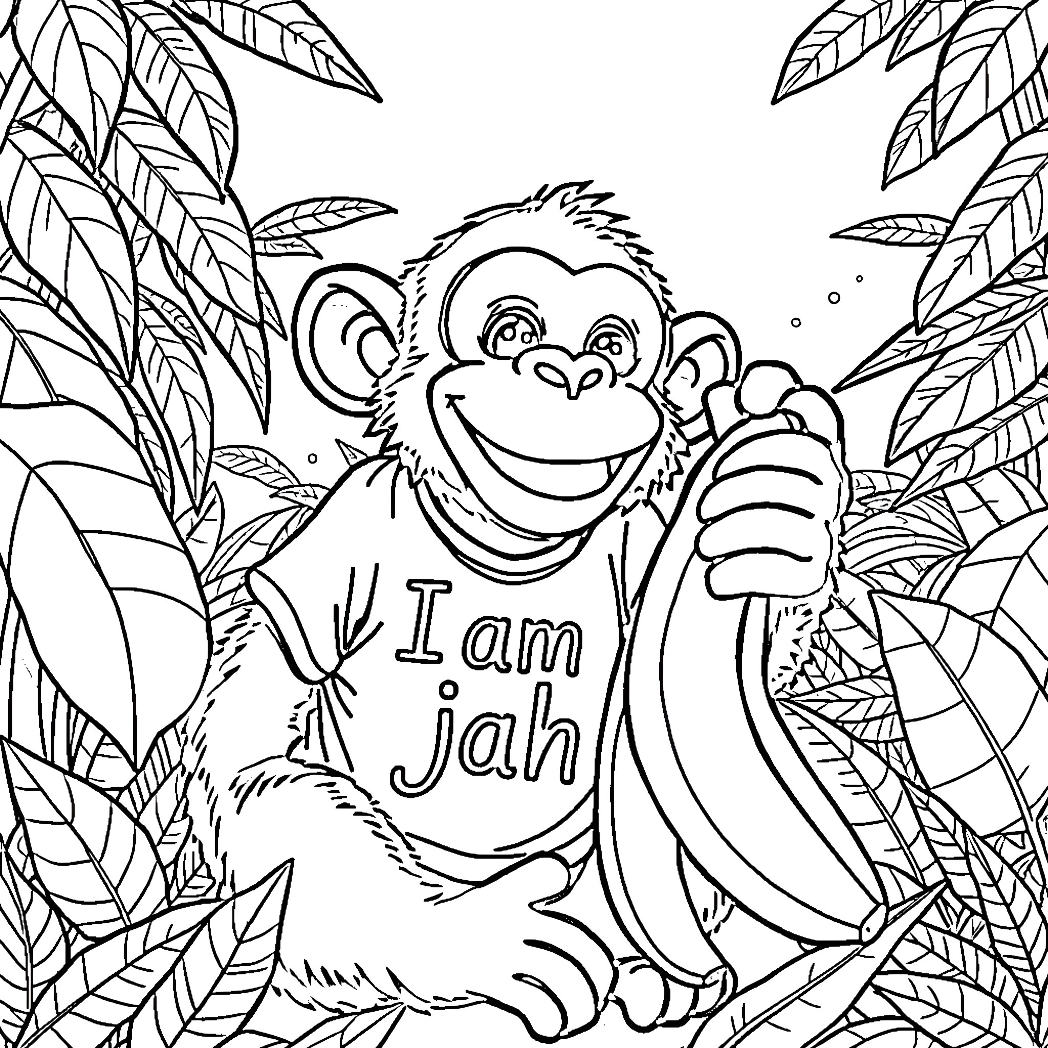 Monkey smiling and holding a banana in the jungle Coloring Page (free black-and-white line drawing printable PDF for all, from beginners to advanced learners, including children, teens, adults, and seniors)