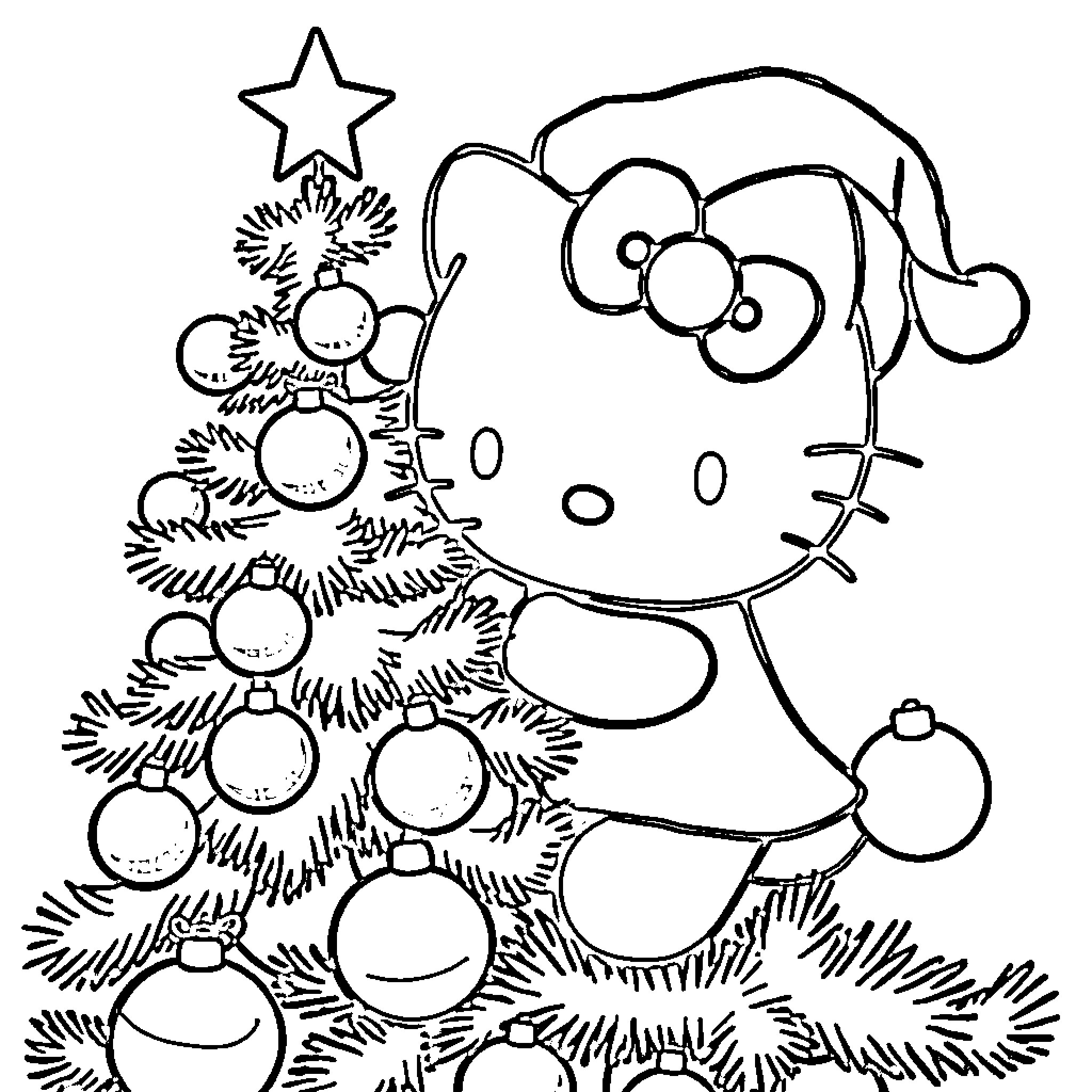 Hello Kitty decorating Christmas tree Coloring Page (free black-and-white line drawing printable PDF for all, from beginners to advanced learners, including children, teens, adults, and seniors)