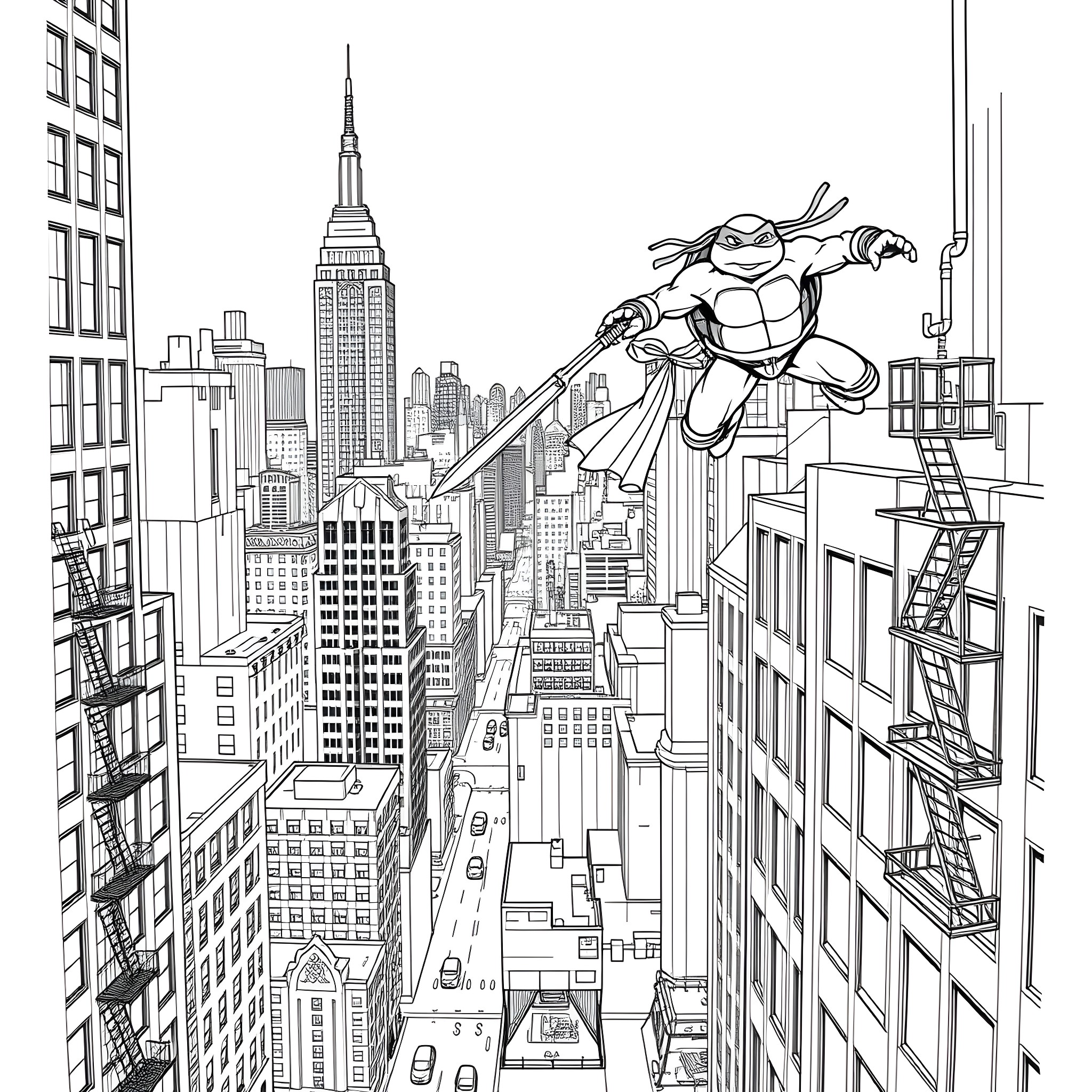 TMNT Superhero Swinging Over New York City Skyline Coloring Page (free black-and-white line drawing printable PDF for all, from beginners to advanced learners, including children, teens, adults, and seniors)