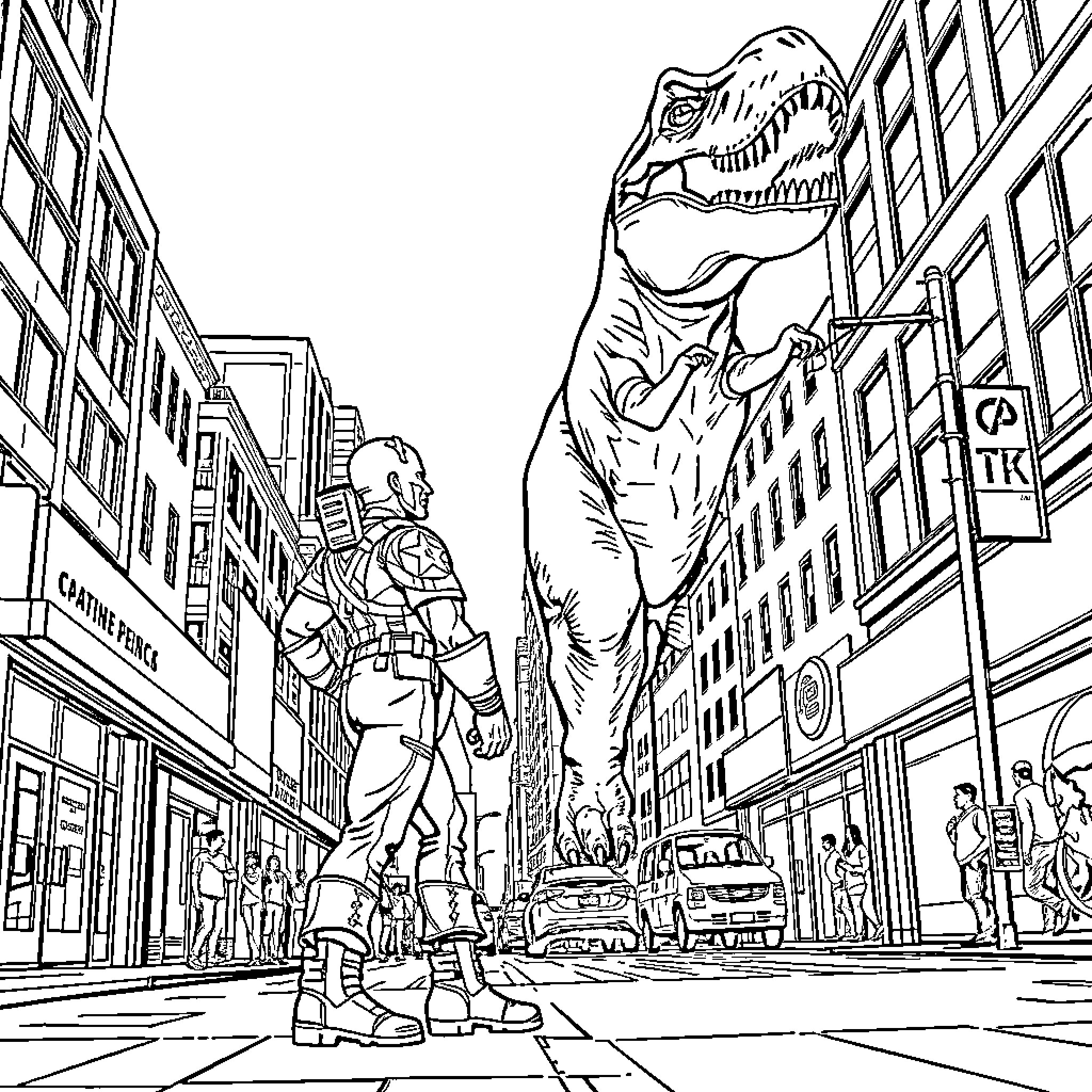Captain America Battles Jurassic Threat in City Streets Coloring Page (free black-and-white line drawing printable PDF for all, from beginners to advanced learners, including children, teens, adults, and seniors)