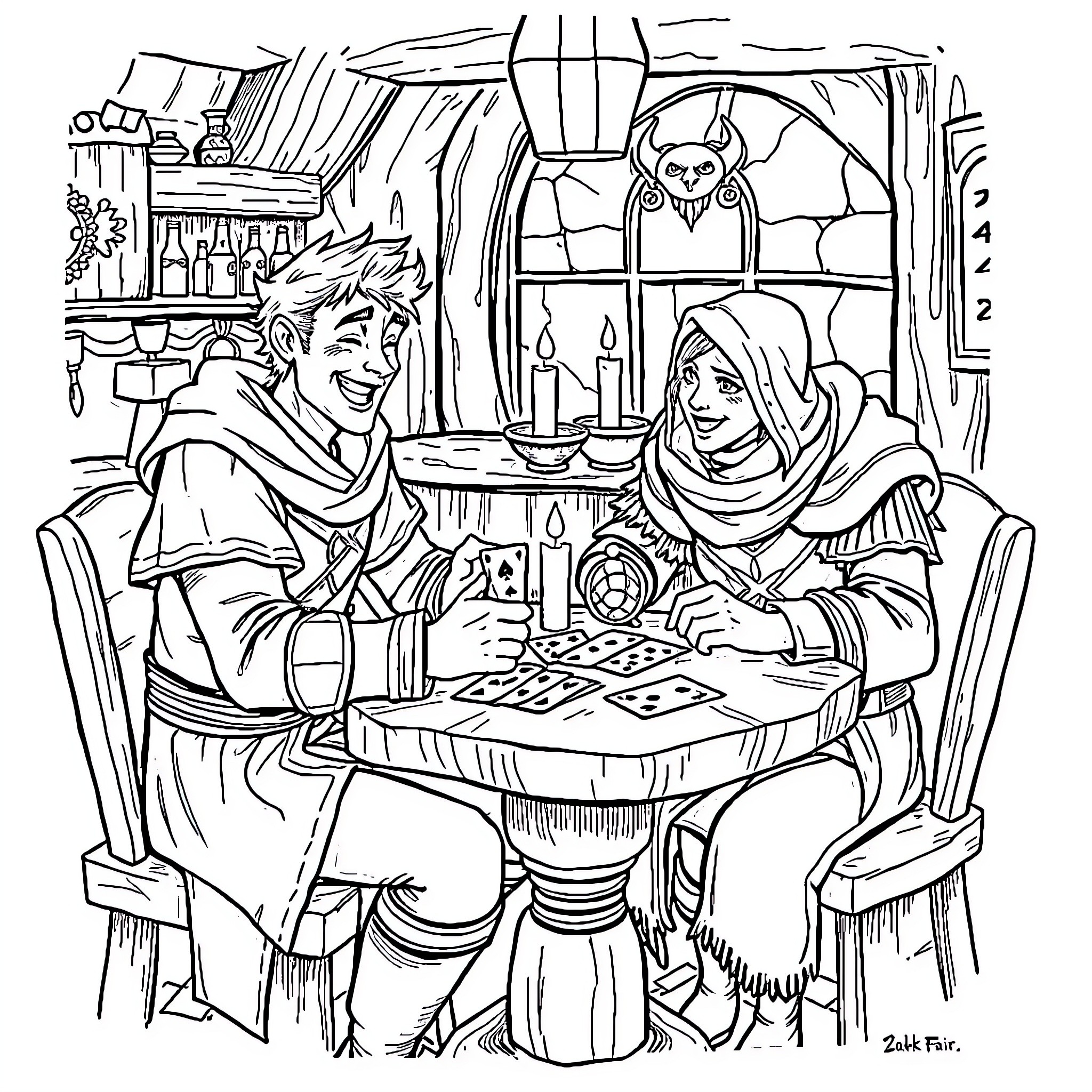 Zack Fair's Cozy Fantasy Adventure Coloring Page (free black-and-white line drawing printable PDF for all, from beginners to advanced learners, including children, teens, adults, and seniors)