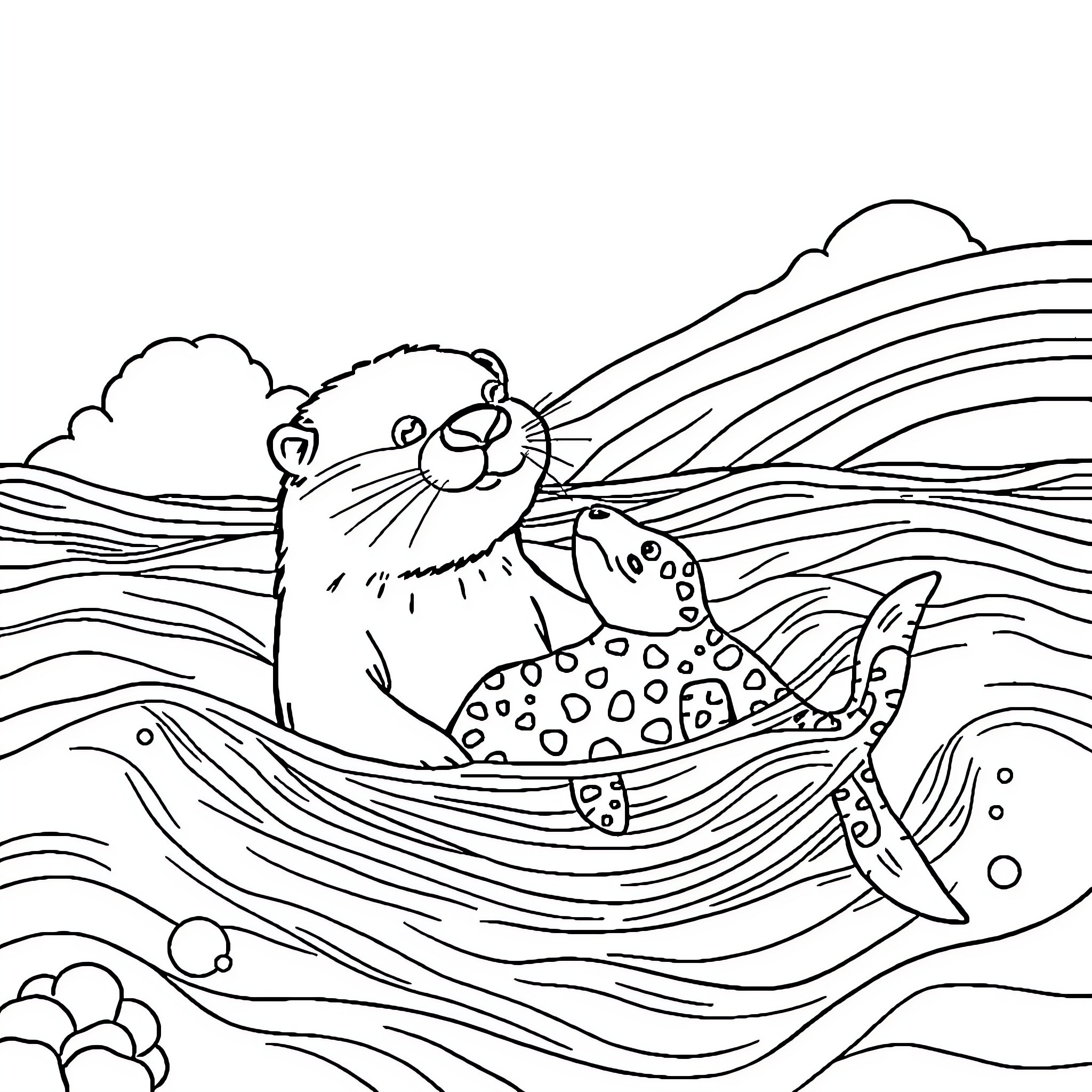 Otter swimming happily in the waves Coloring Page (free black-and-white line drawing printable PDF for all, from beginners to advanced learners, including children, teens, adults, and seniors)