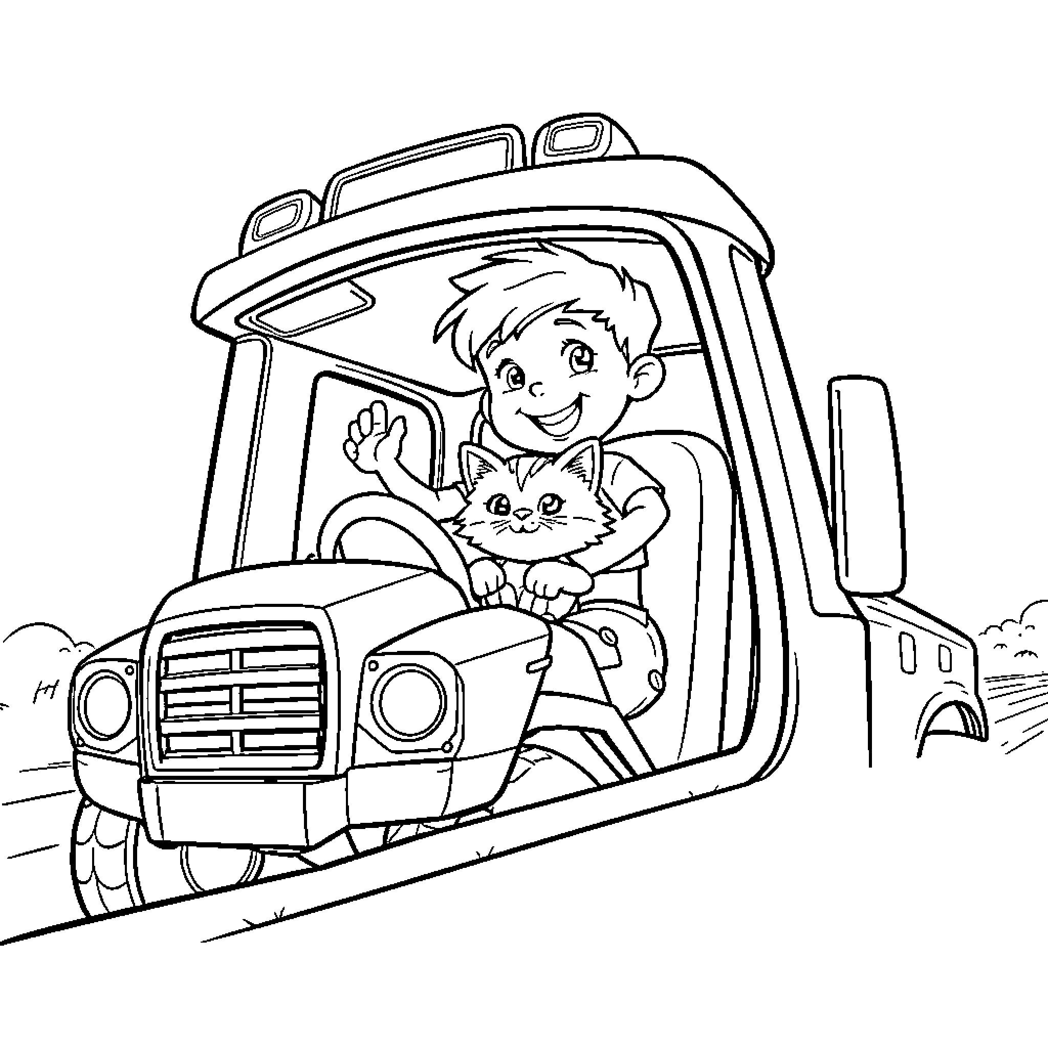Boy Driving Truck with Kitten Passenger Coloring Page (free black-and-white line drawing printable PDF for all, from beginners to advanced learners, including children, teens, adults, and seniors)