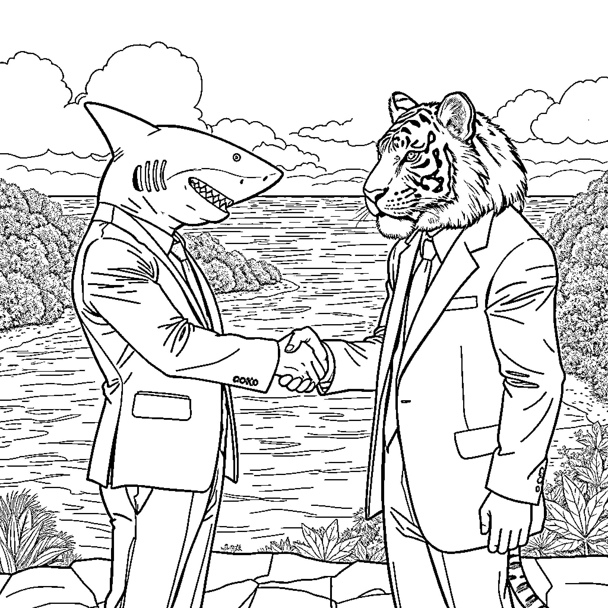 Shark Man and Tiger Man shaking hands by the lake Coloring Page (free black-and-white line drawing printable PDF for all, from beginners to advanced learners, including children, teens, adults, and seniors)