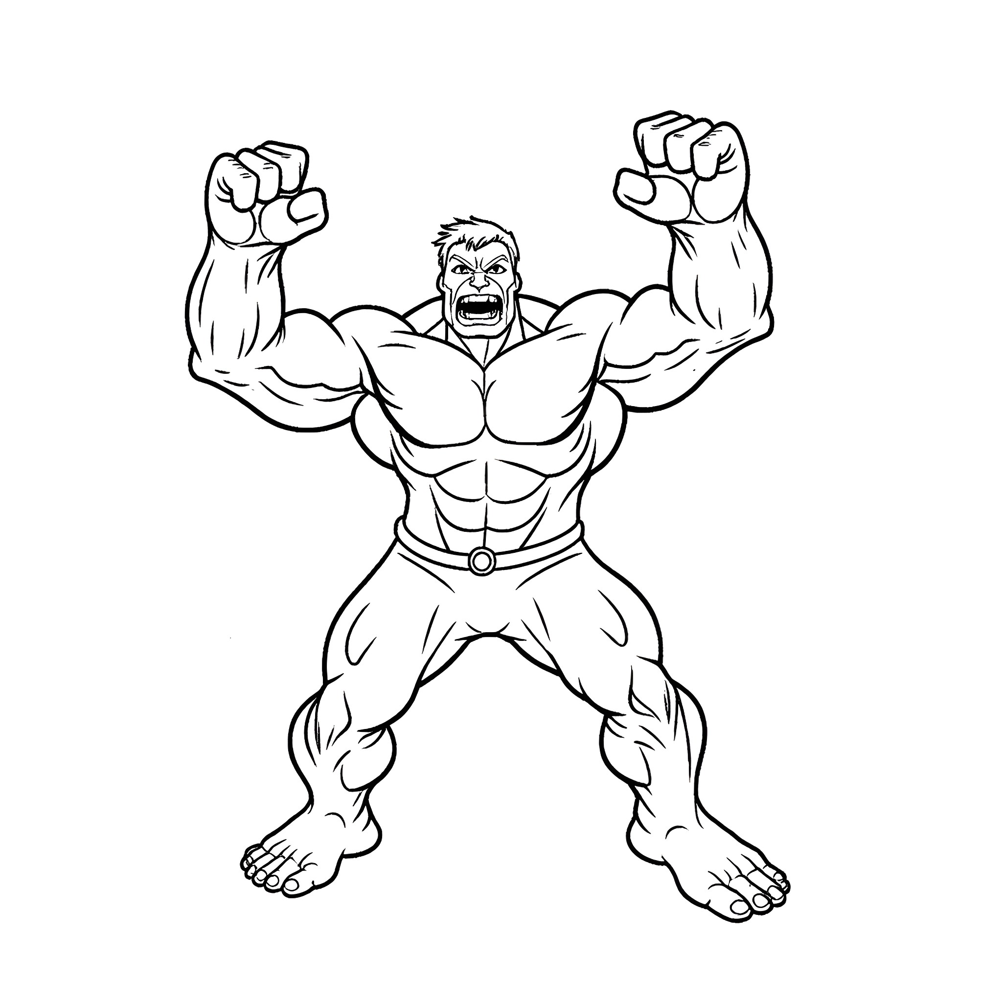 Hulk flexing muscles in a powerful pose Coloring Page (free black-and-white line drawing printable PDF for all, from beginners to advanced learners, including children, teens, adults, and seniors)