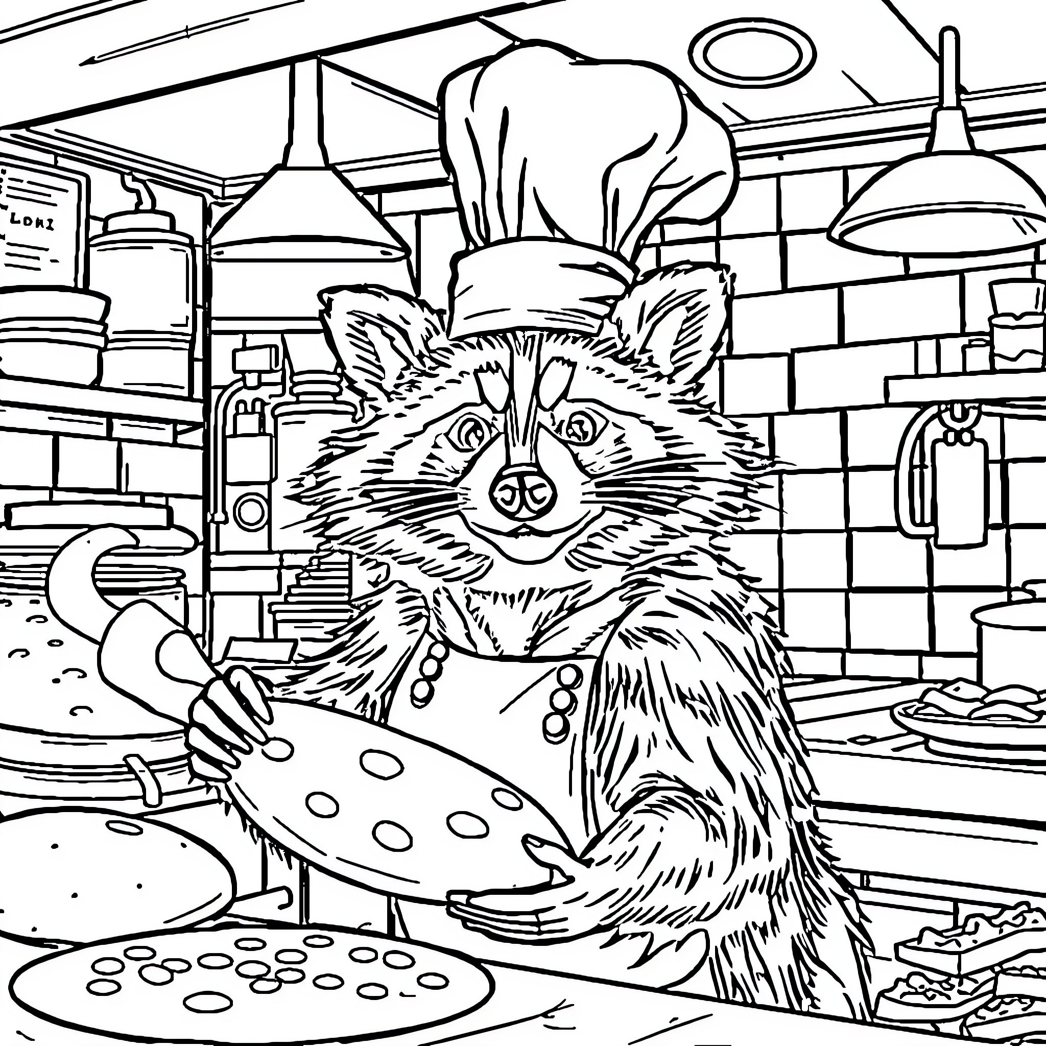 Raccoon cooking a delicious meal in the kitchen Coloring Page (free black-and-white line drawing printable PDF for all, from beginners to advanced learners, including children, teens, adults, and seniors)