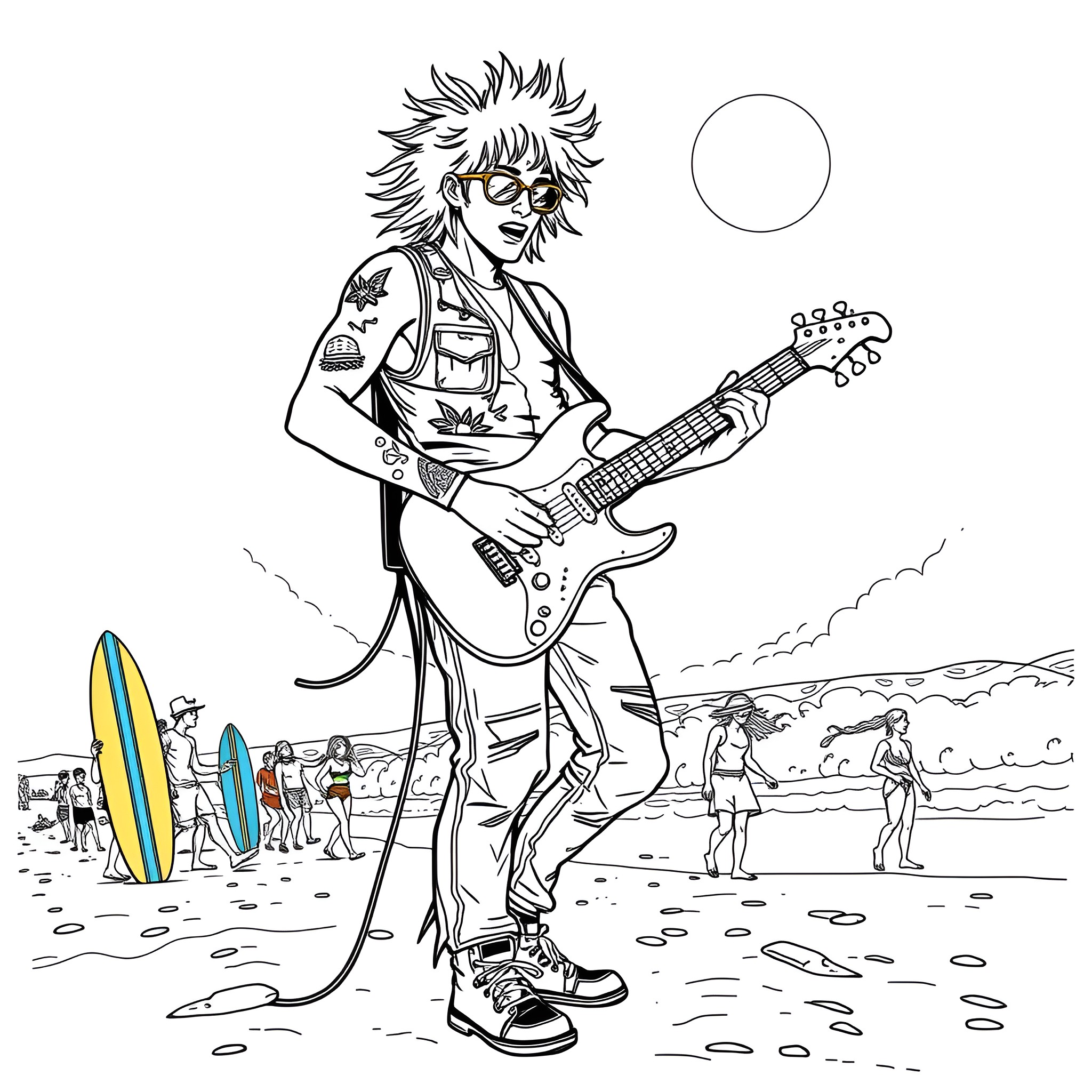 Punk Rocker Shreds Guitar on the Beach Coloring Page (free black-and-white line drawing printable PDF for all, from beginners to advanced learners, including children, teens, adults, and seniors)