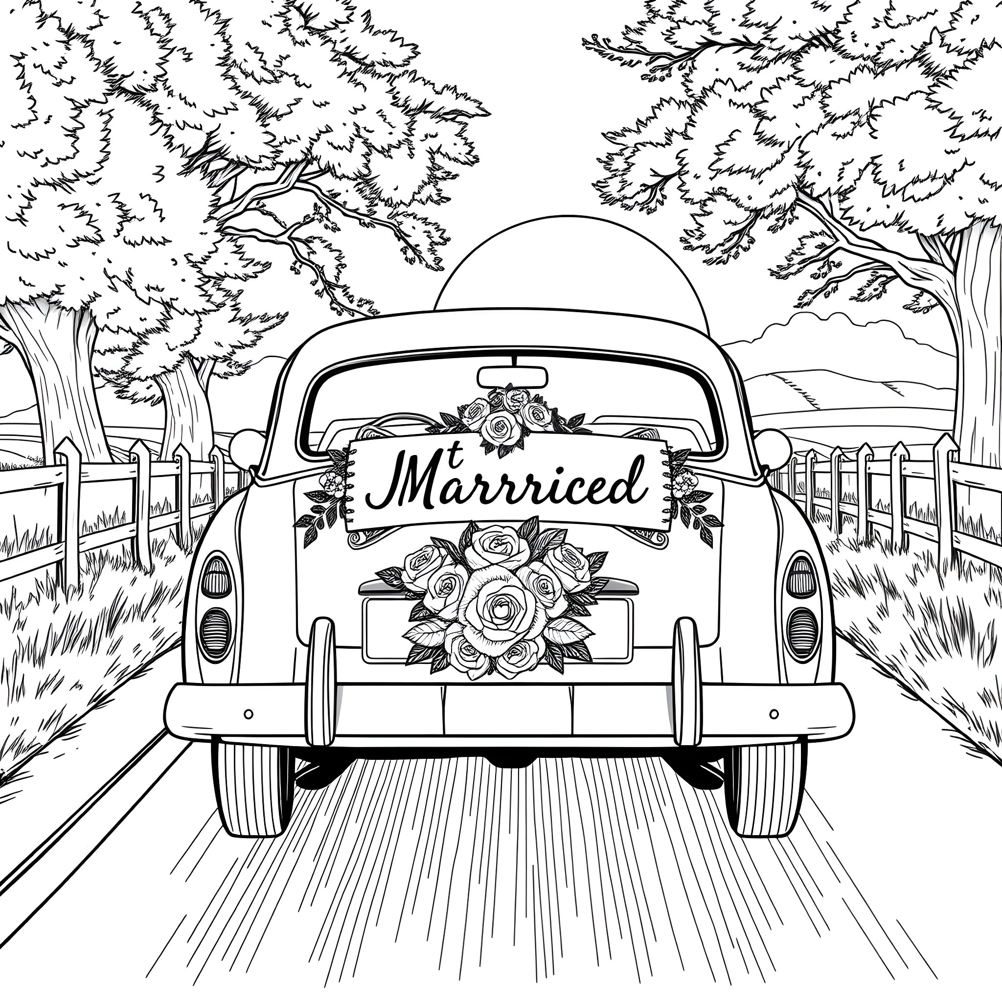 Oldies Car with Newlywed Decor Driving into Countryside Coloring Page (free black-and-white line drawing printable PDF for all, from beginners to advanced learners, including children, teens, adults, and seniors)