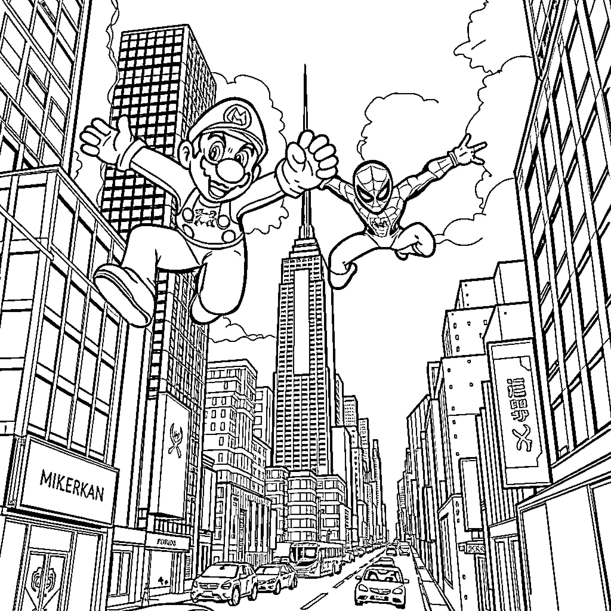Mario and Spider-Man Battling in Cityscape Coloring Page (free black-and-white line drawing printable PDF for all, from beginners to advanced learners, including children, teens, adults, and seniors)