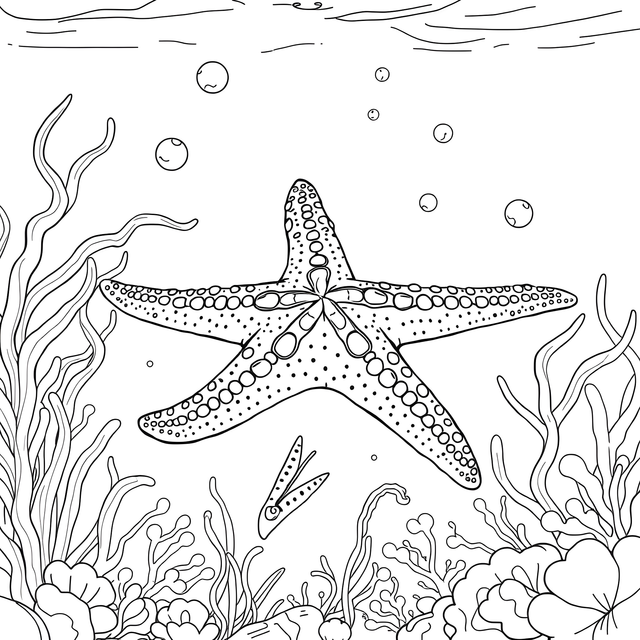 Starfish swimming among coral reefs and bubbles Coloring Page (free black-and-white line drawing printable PDF for all, from beginners to advanced learners, including children, teens, adults, and seniors)