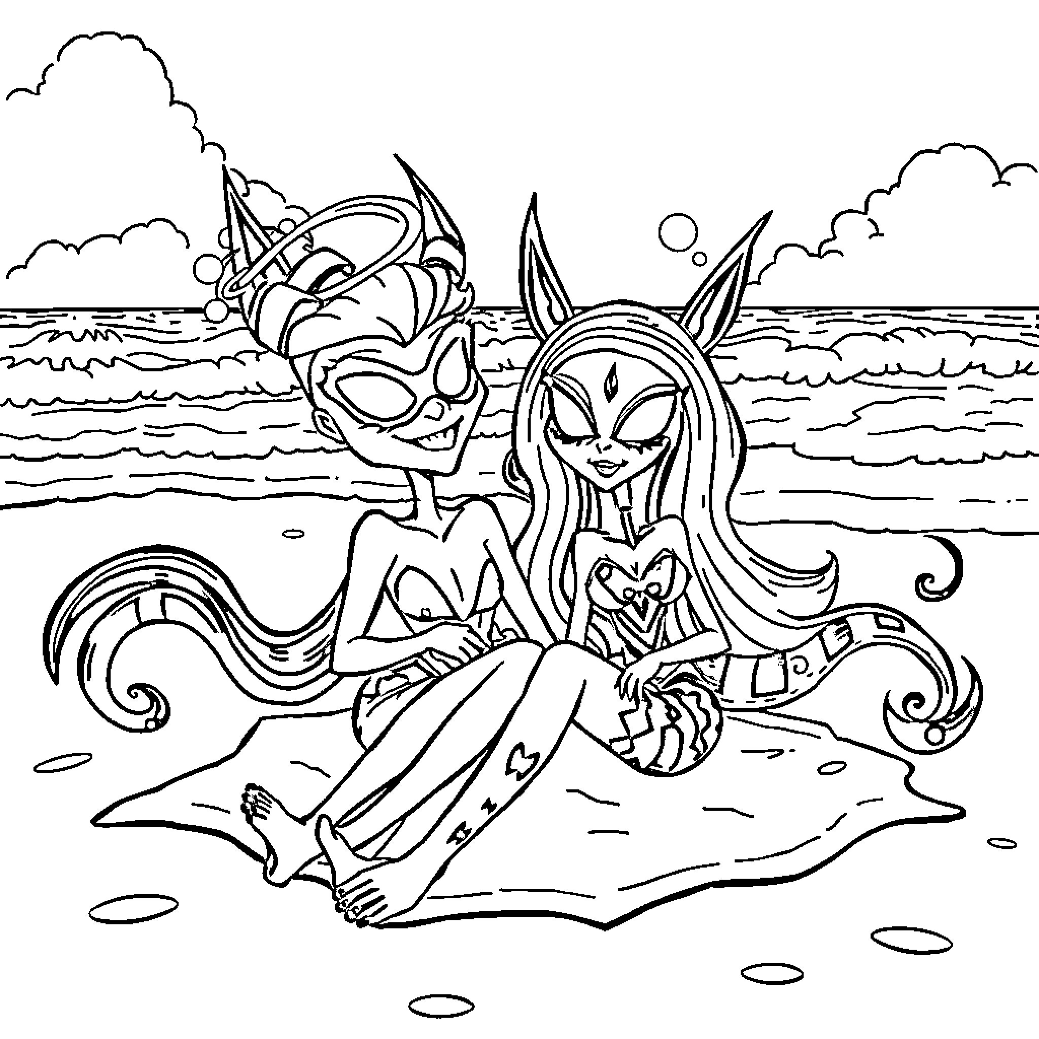 Angel Dust Playing with Sea Creatures on the Beach Coloring Page (free black-and-white line drawing printable PDF for all, from beginners to advanced learners, including children, teens, adults, and seniors)