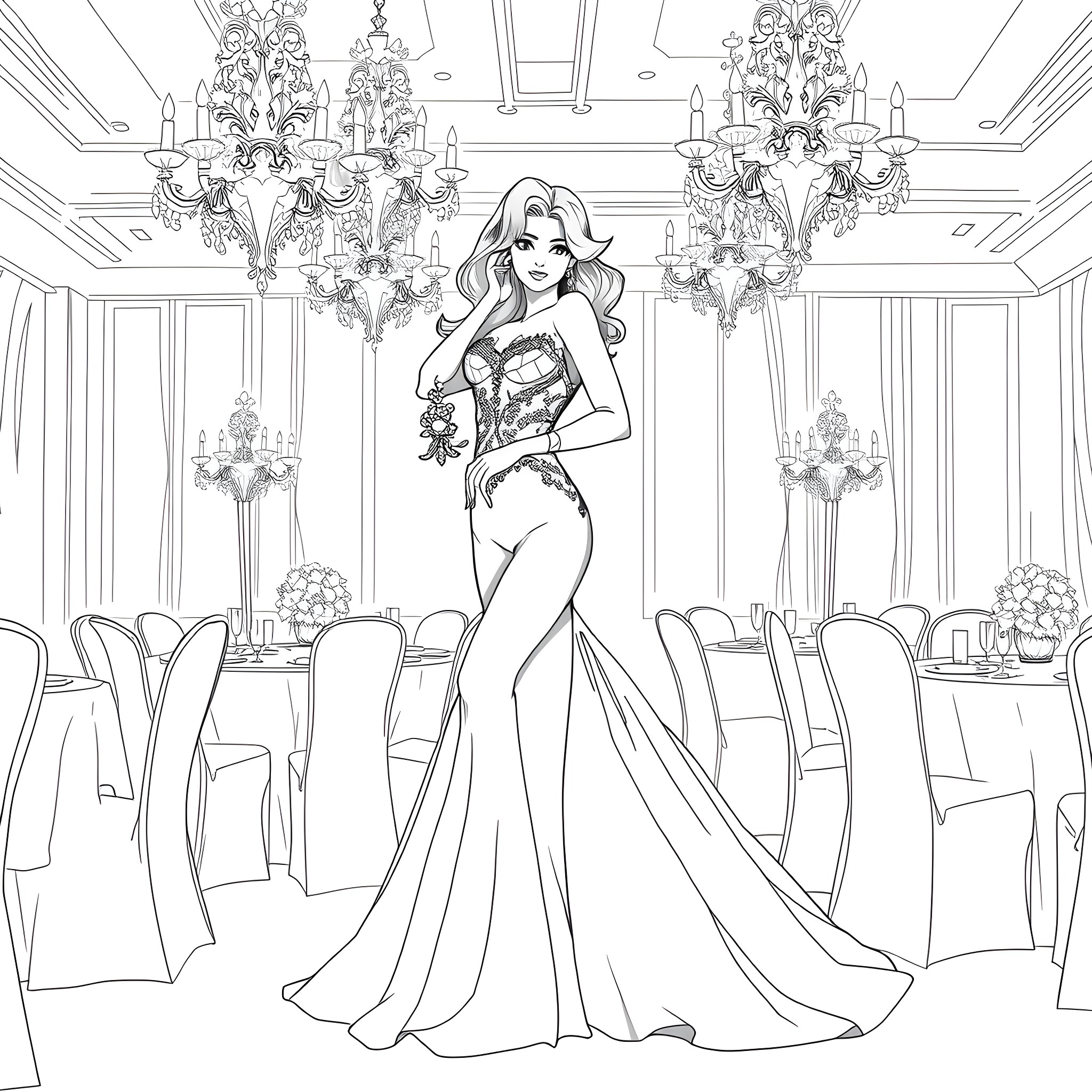 Rias Gremory posing in an elegant ballroom setting Coloring Page (free black-and-white line drawing printable PDF for all, from beginners to advanced learners, including children, teens, adults, and seniors)