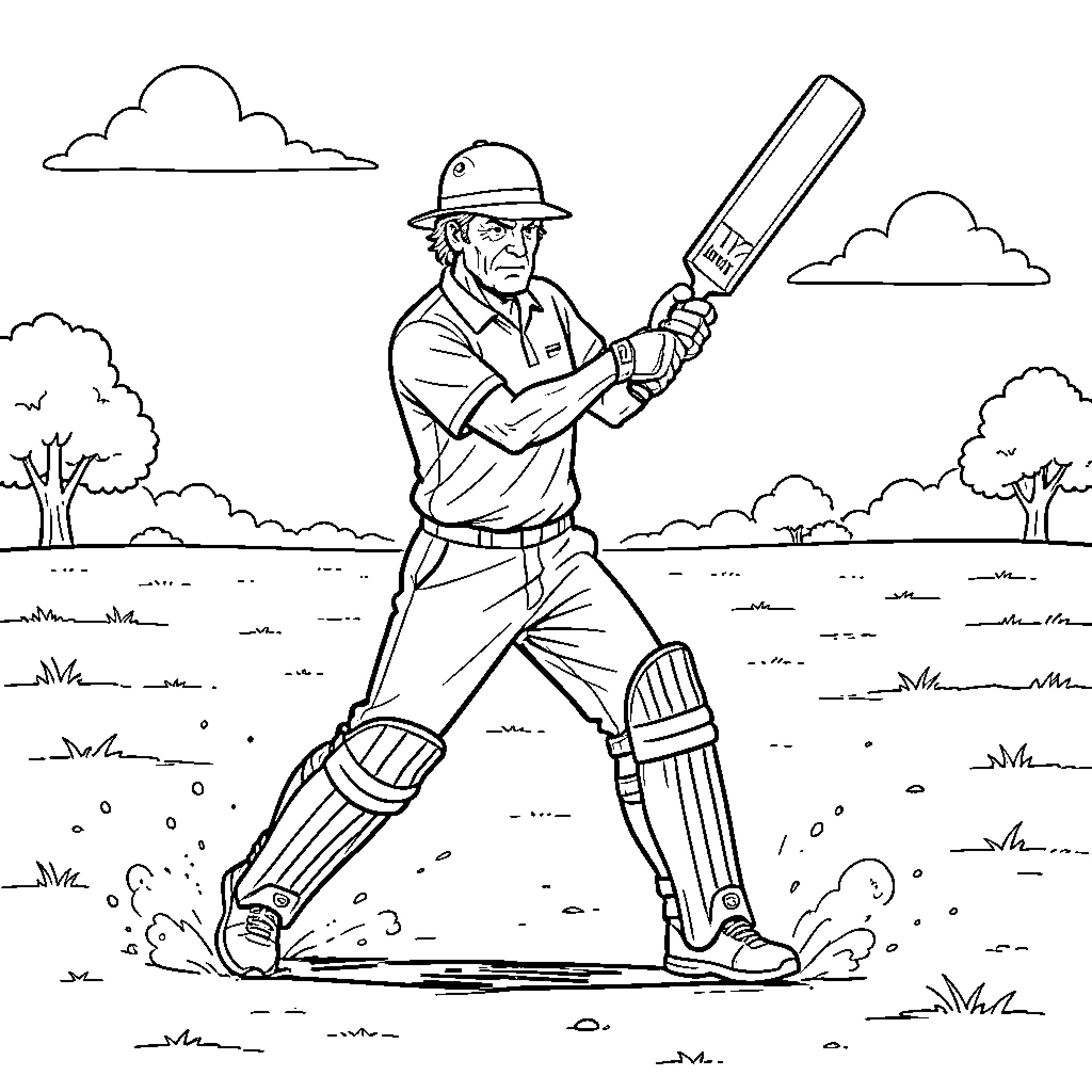 Cricket player swinging a bat on the field Coloring Page (free black-and-white line drawing printable PDF for all, from beginners to advanced learners, including children, teens, adults, and seniors)