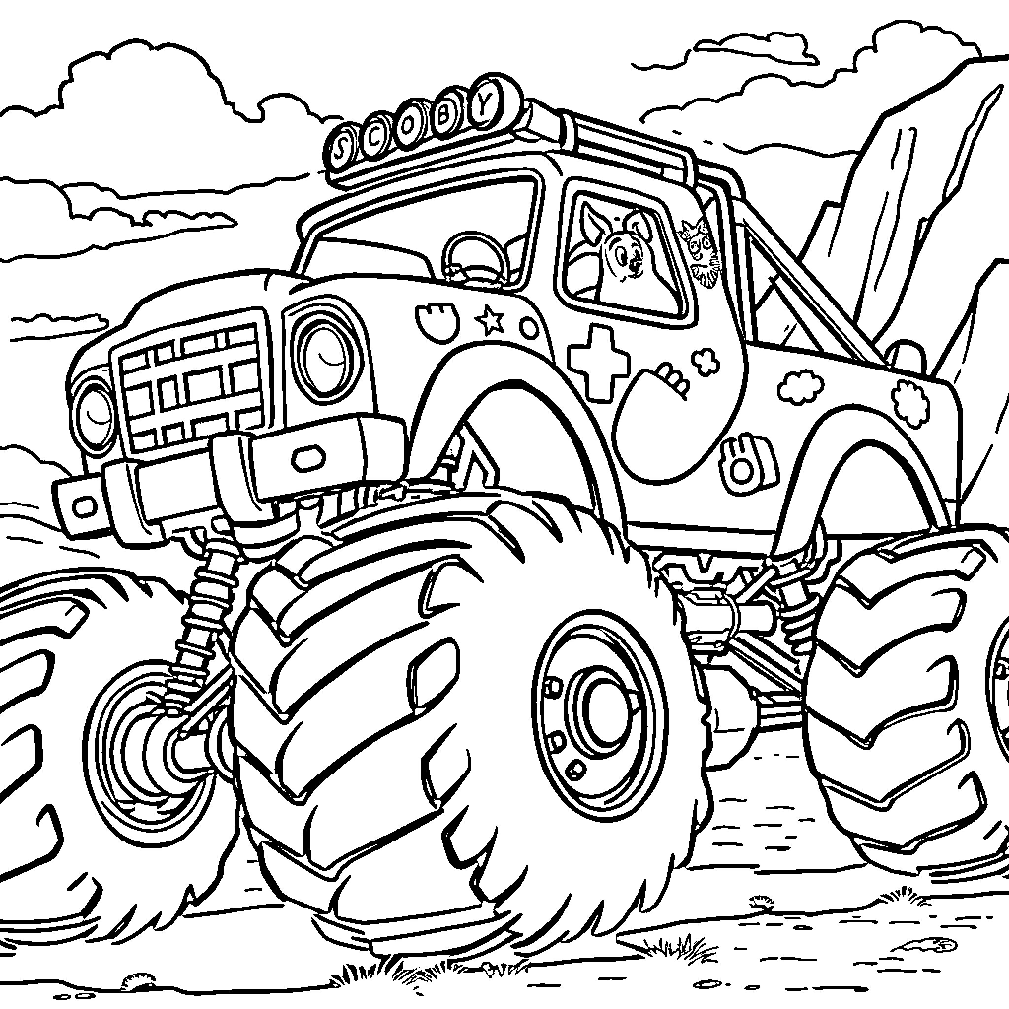 ScoobyDo Monster Truck Crushing Rocks in the Mountains Coloring Page (free black-and-white line drawing printable PDF for all, from beginners to advanced learners, including children, teens, adults, and seniors)
