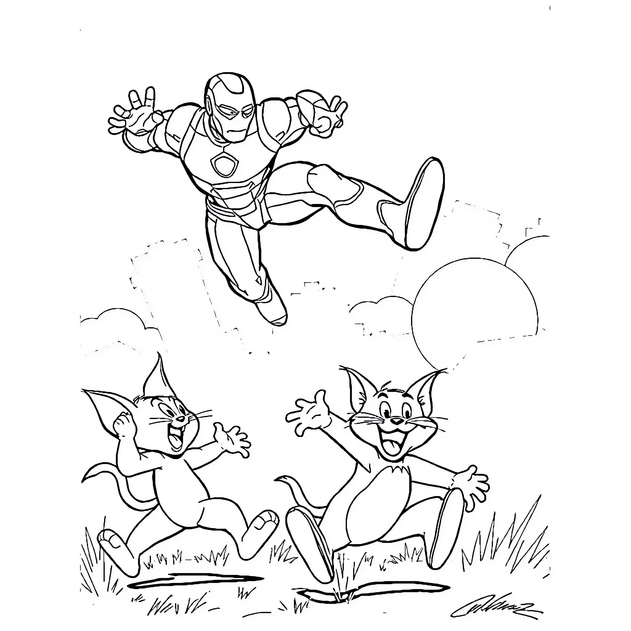 Ironman flying over cartoon characters Coloring Page (free black-and-white line drawing printable PDF for all, from beginners to advanced learners, including children, teens, adults, and seniors)