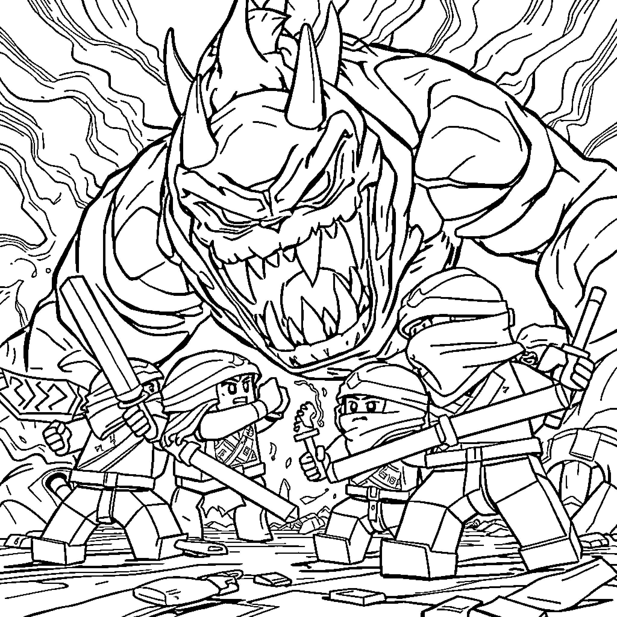 Ninjago Warriors Facing Fearsome Creature Coloring Page (free black-and-white line drawing printable PDF for all, from beginners to advanced learners, including children, teens, adults, and seniors)