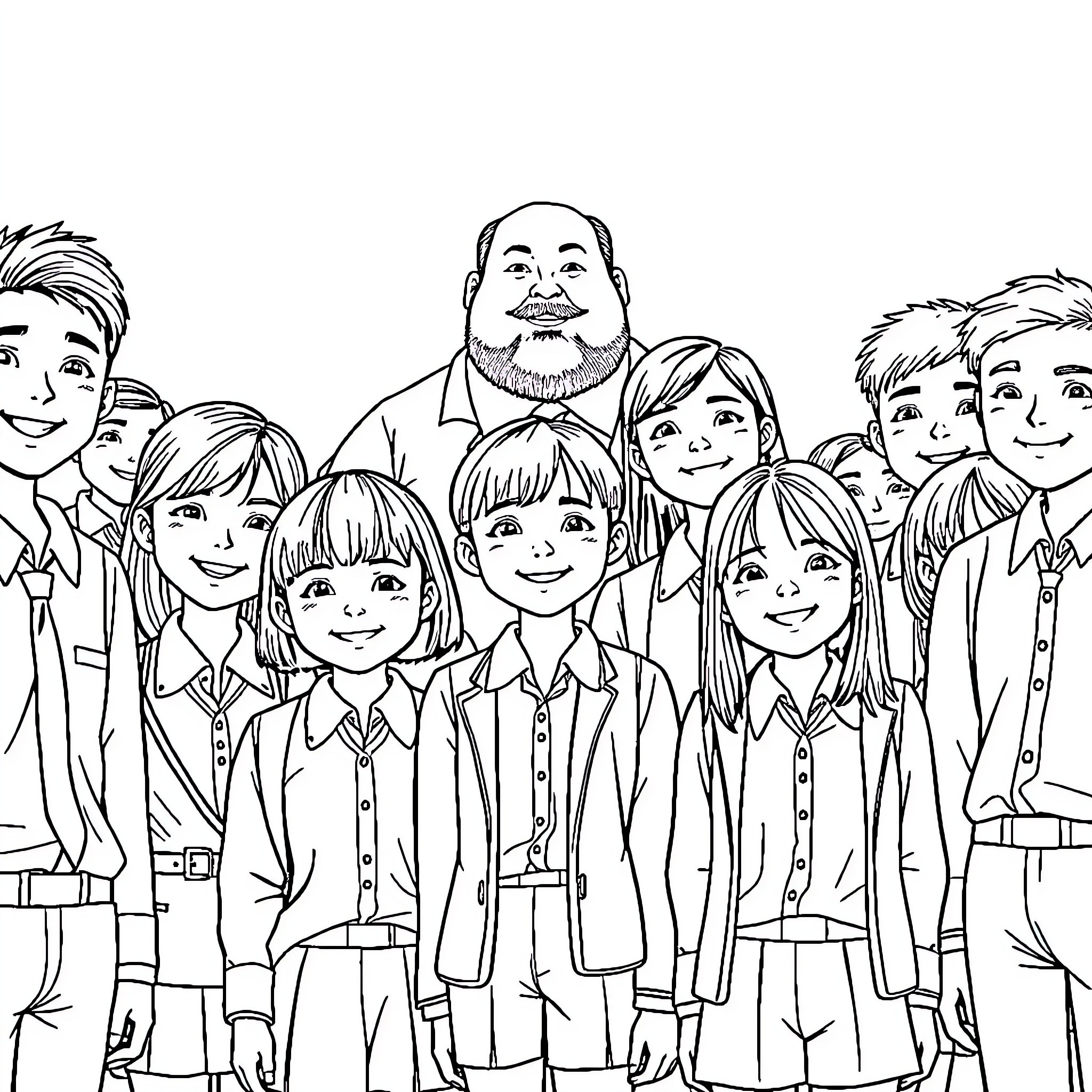 Students in school uniform gathered together Coloring Page (free black-and-white line drawing printable PDF for all, from beginners to advanced learners, including children, teens, adults, and seniors)