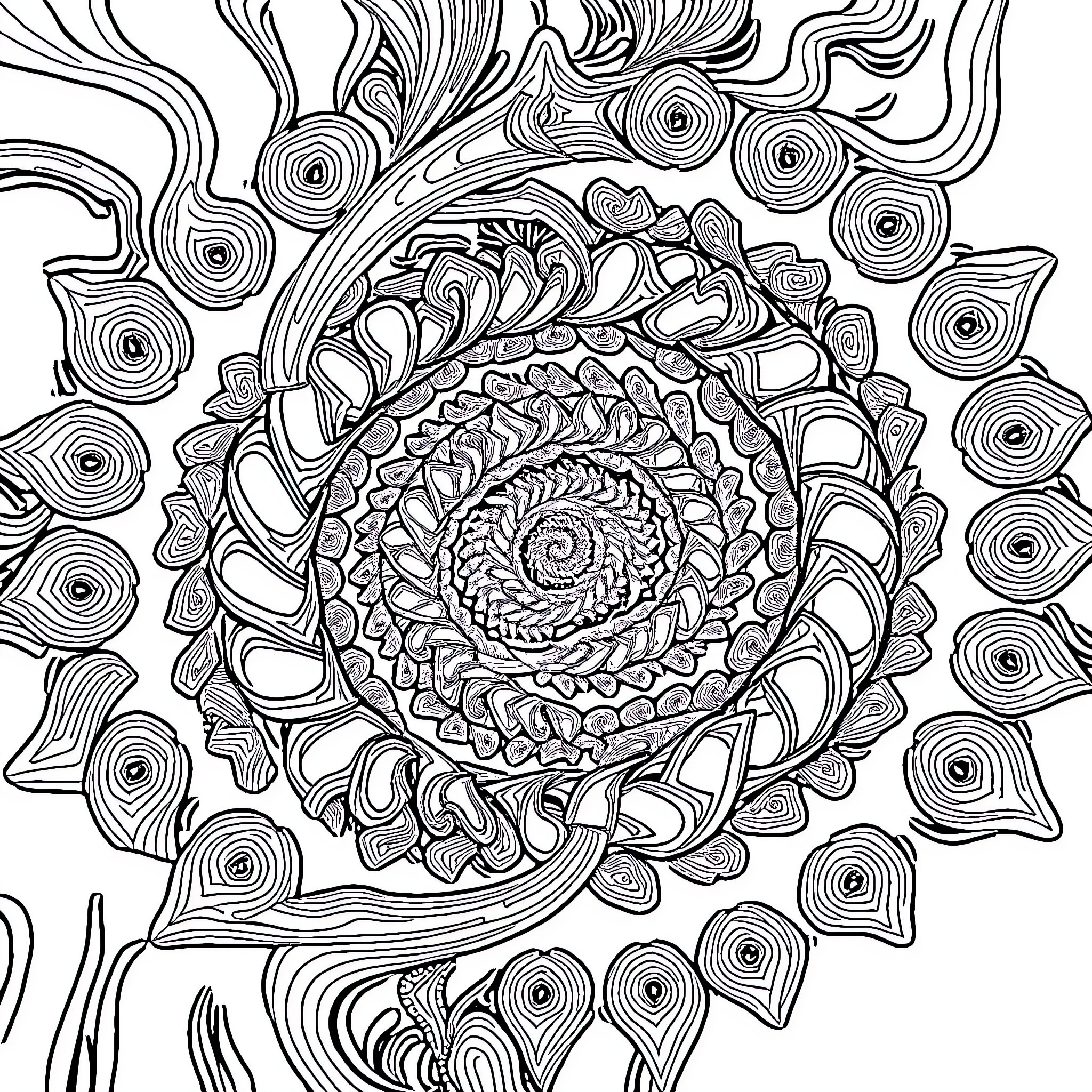Fractal Spiral Patterns in Monochrome Coloring Page (free black-and-white line drawing printable PDF for all, from beginners to advanced learners, including children, teens, adults, and seniors)