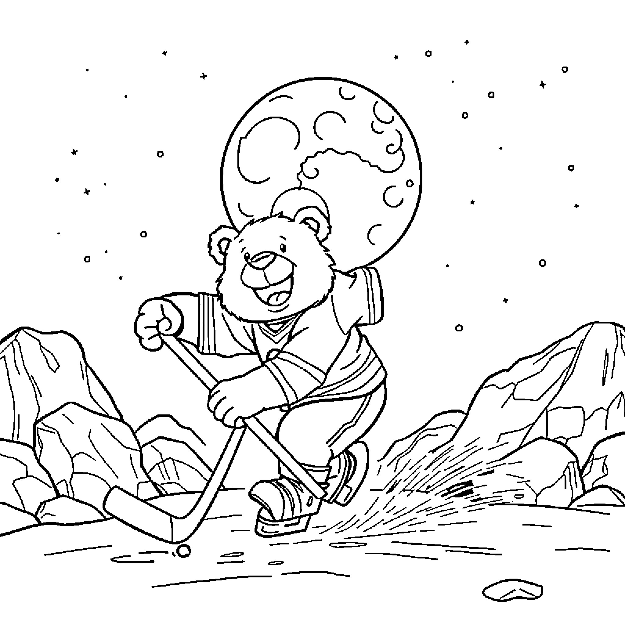 Bear enjoying a night of stargazing in the wilderness Coloring Page (free black-and-white line drawing printable PDF for all, from beginners to advanced learners, including children, teens, adults, and seniors)