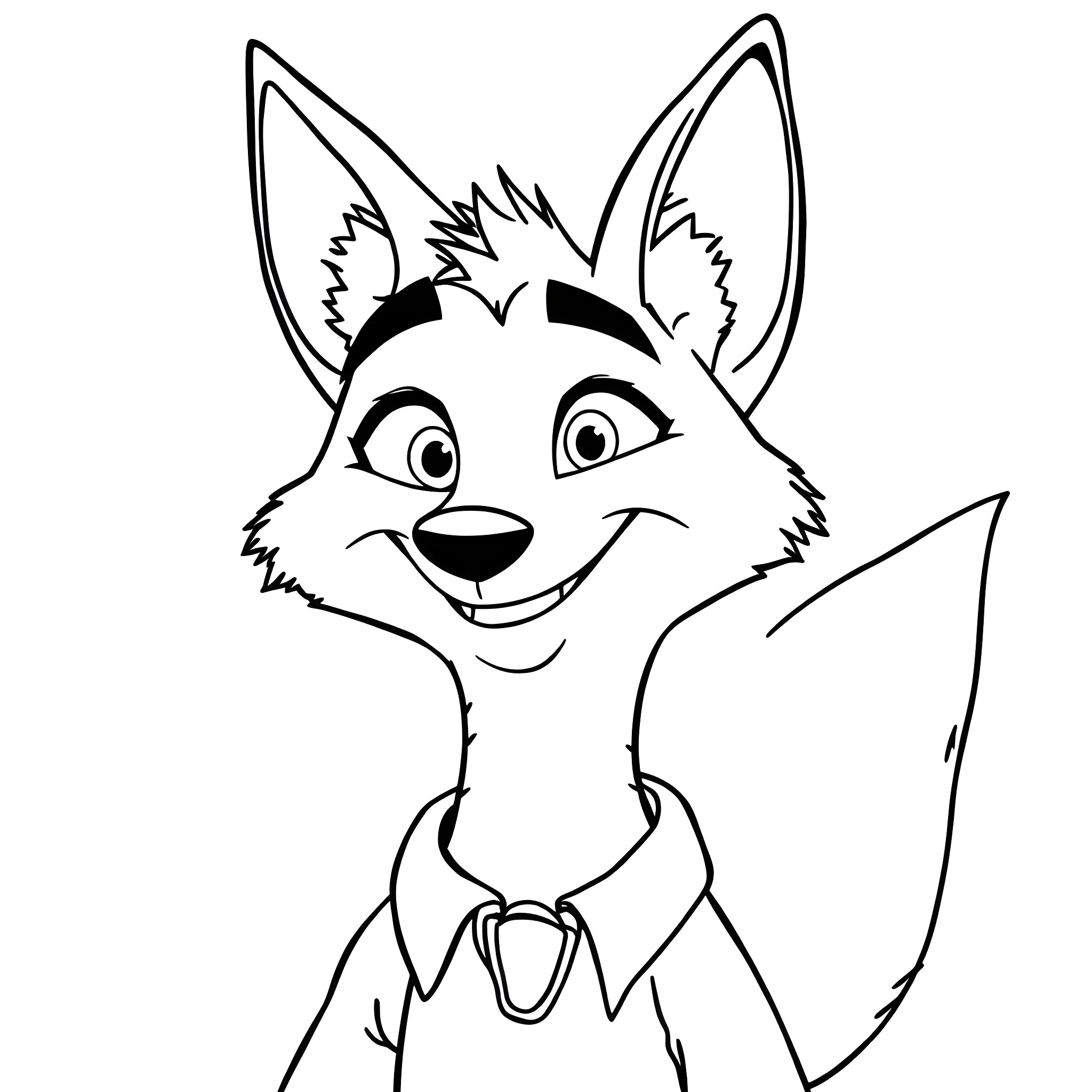 Nick Wilde the Mischievous Fox Coloring Page (free black-and-white line drawing printable PDF for all, from beginners to advanced learners, including children, teens, adults, and seniors)