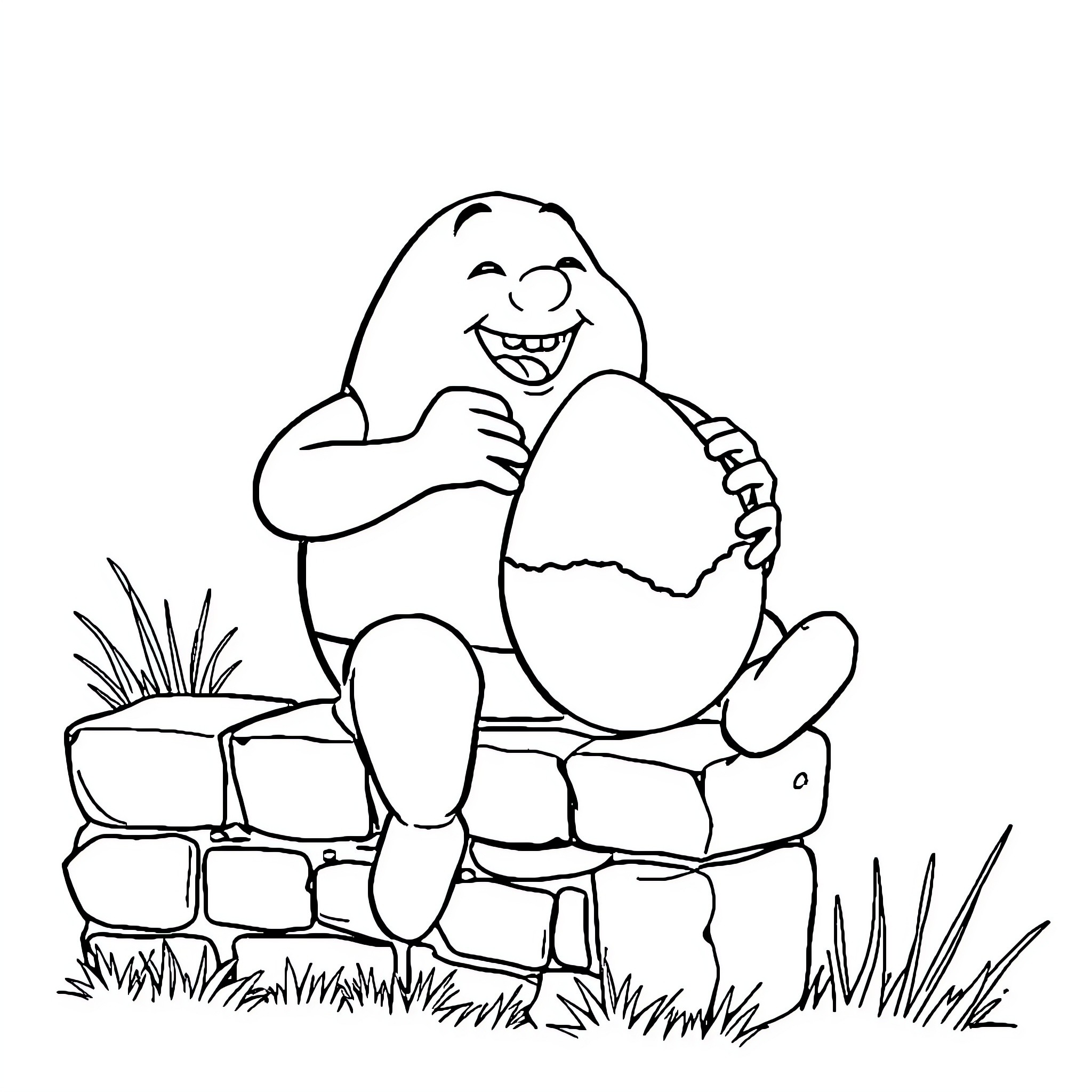 Humpty Dumpty laughing while holding a cracked egg Coloring Page (free black-and-white line drawing printable PDF for all, from beginners to advanced learners, including children, teens, adults, and seniors)
