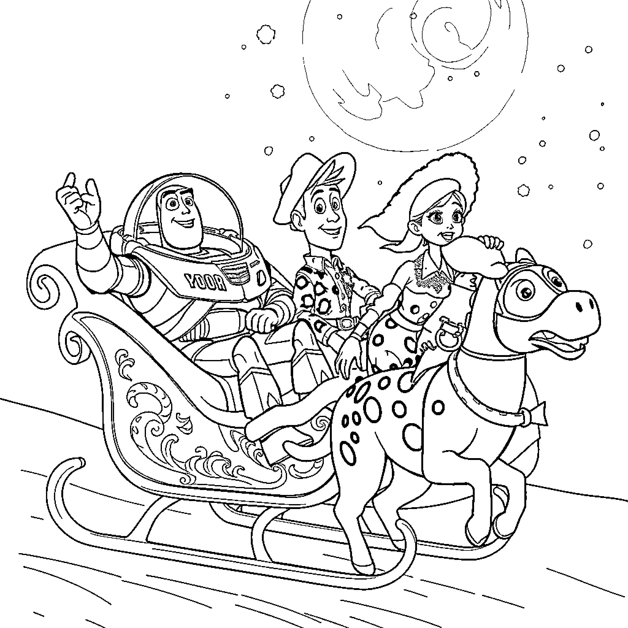 Toy Story characters on a sleigh ride Coloring Page (free black-and-white line drawing printable PDF for all, from beginners to advanced learners, including children, teens, adults, and seniors)