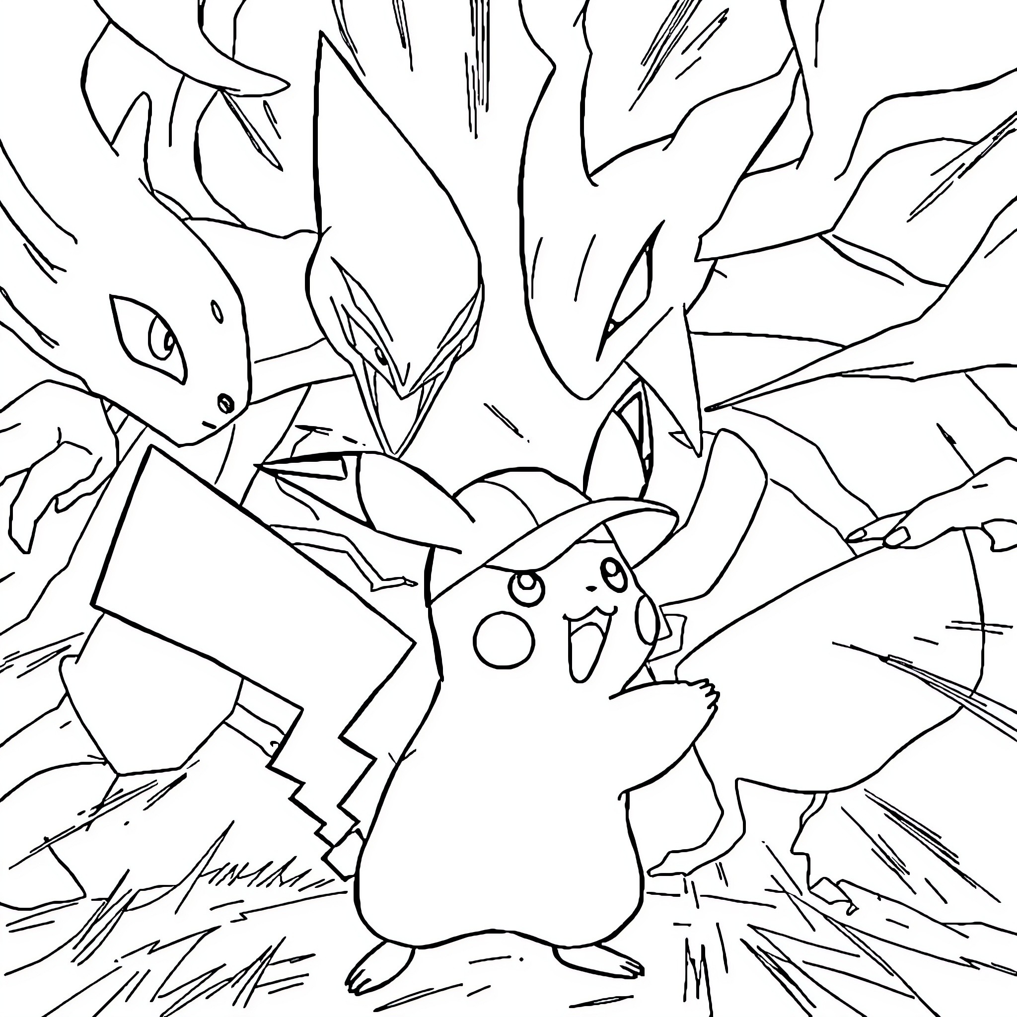 Pikachu and friends in an intense battle scene Coloring Page (free black-and-white line drawing printable PDF for all, from beginners to advanced learners, including children, teens, adults, and seniors)
