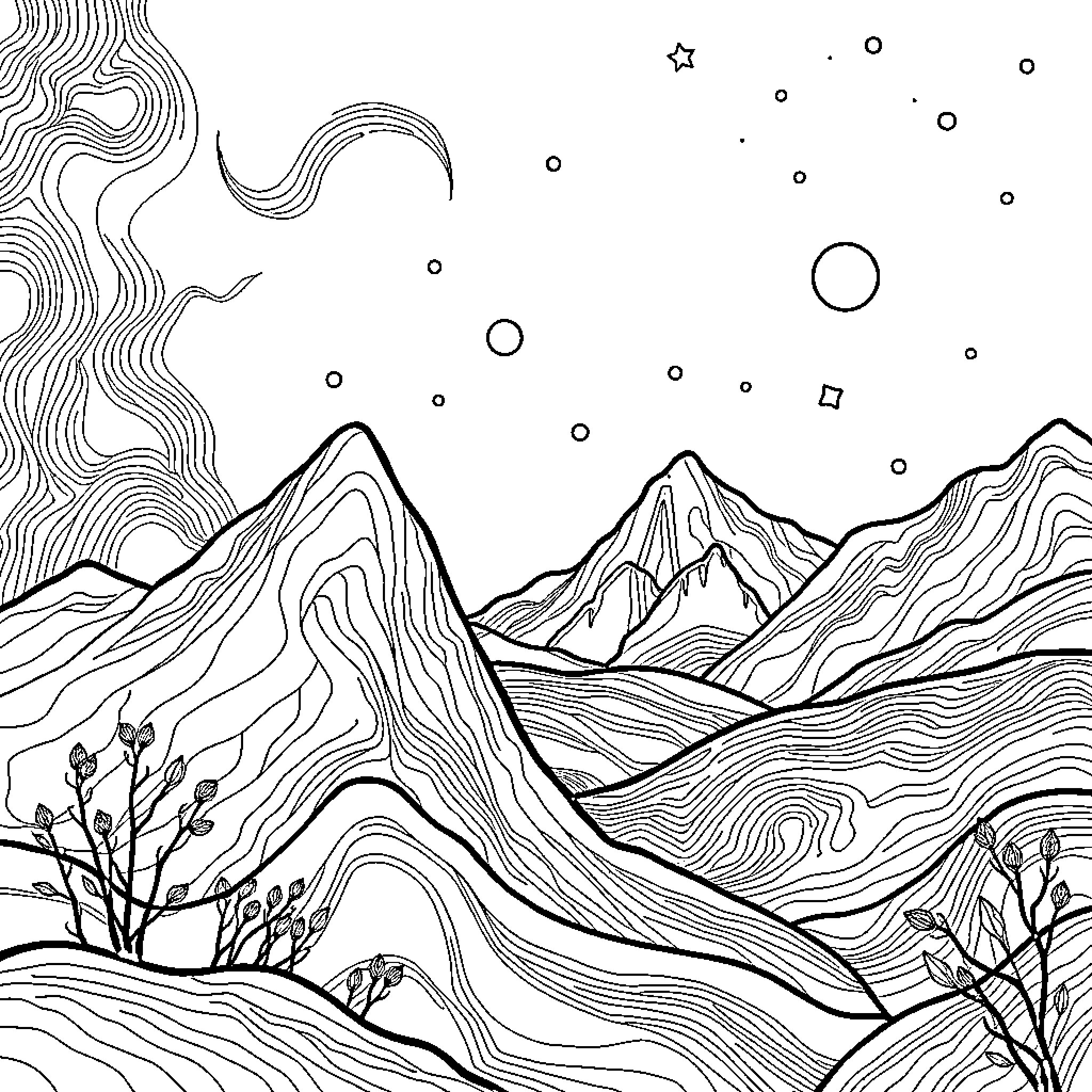 Art of Mountainous Landscape with Celestial Elements Coloring Page (free black-and-white line drawing printable PDF for all, from beginners to advanced learners, including children, teens, adults, and seniors)