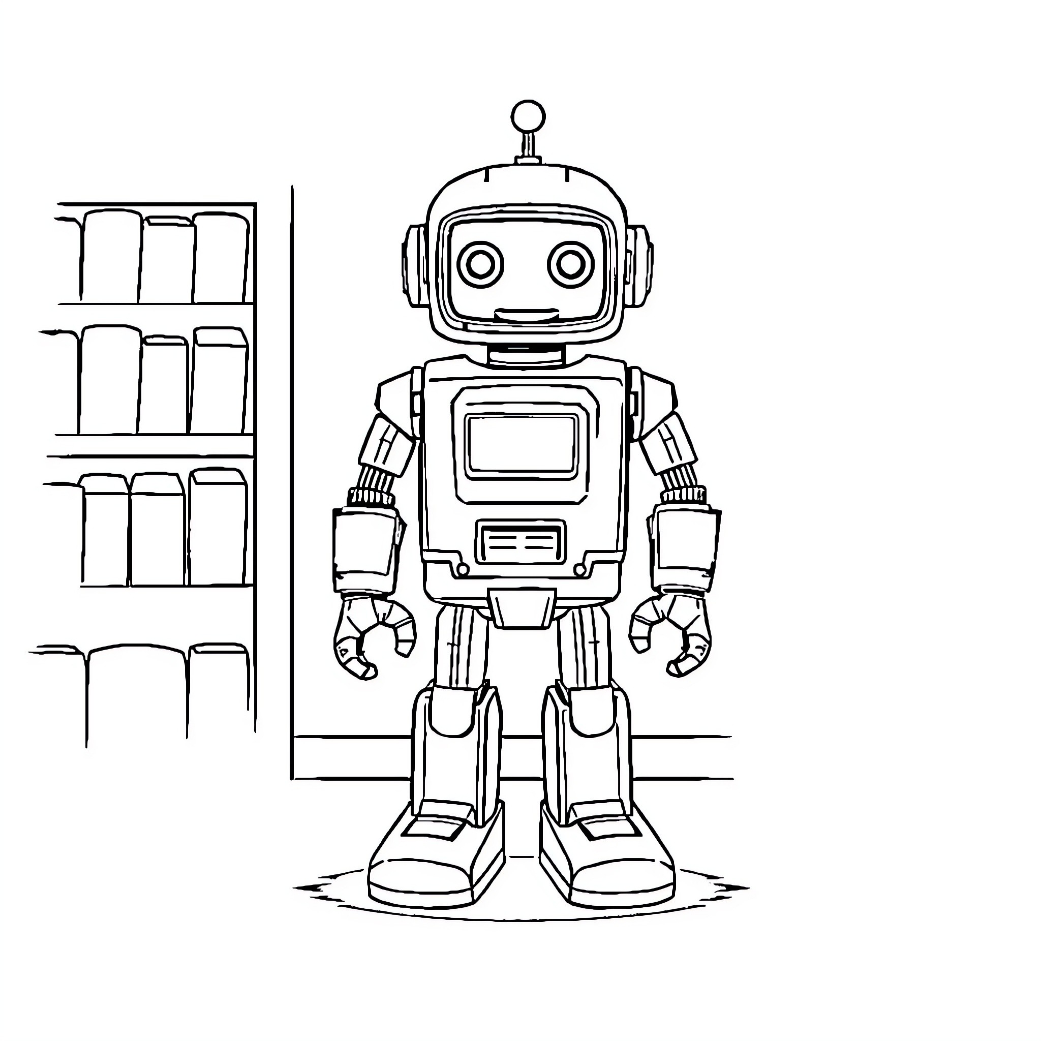 Robot exploring a storage room Coloring Page (free black-and-white line drawing printable PDF for all, from beginners to advanced learners, including children, teens, adults, and seniors)