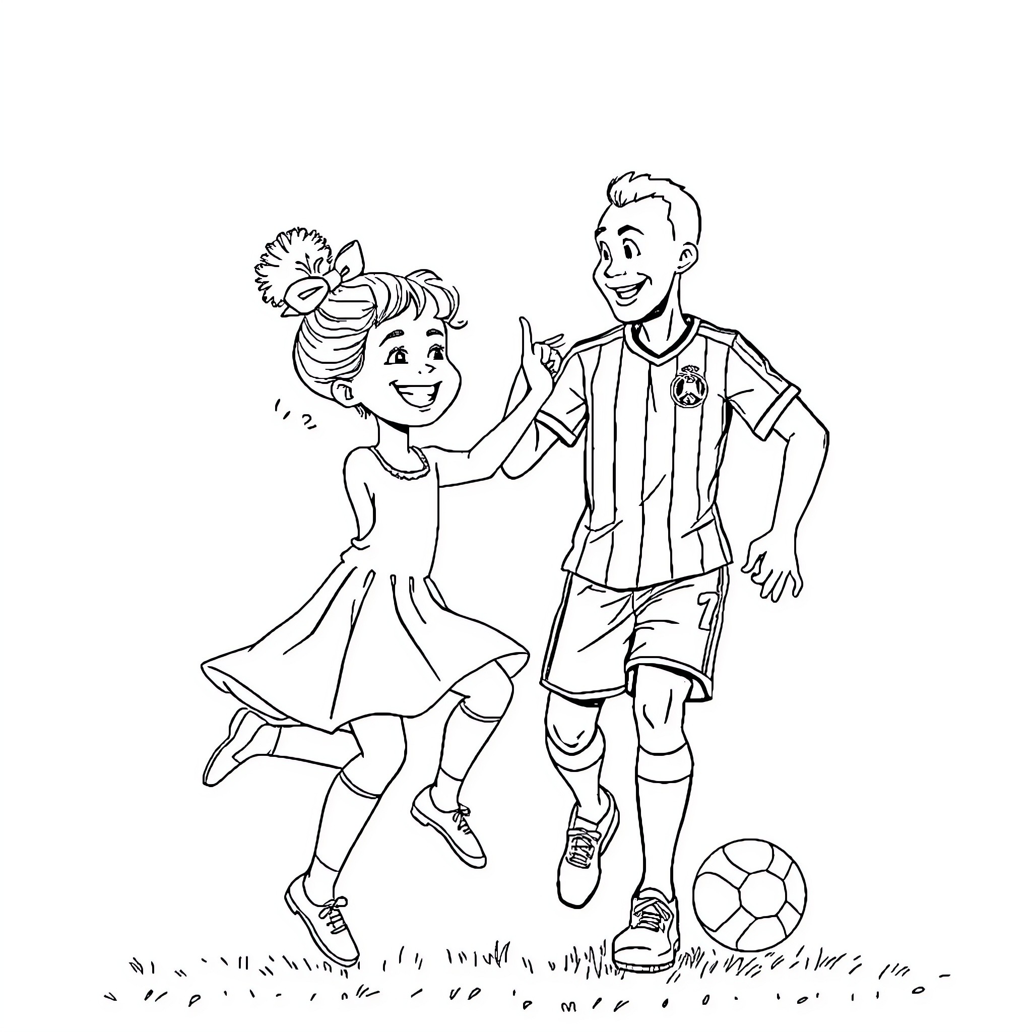 Bonnie and the Cheerful Soccer Player Coloring Page (free black-and-white line drawing printable PDF for all, from beginners to advanced learners, including children, teens, adults, and seniors)