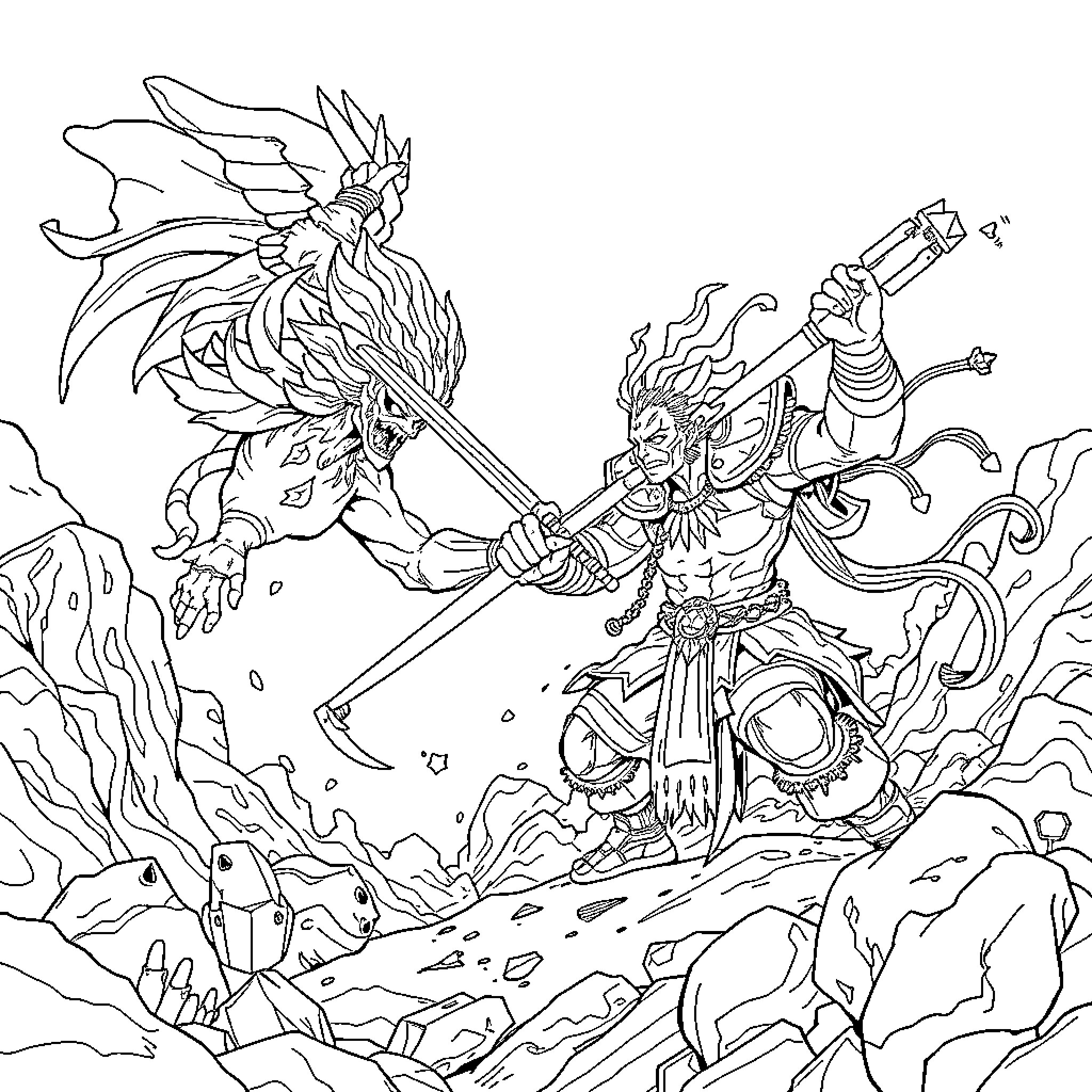 Tralalero: Warrior's Valiant Battle Against Mythical Beast Coloring Page (free black-and-white line drawing printable PDF for all, from beginners to advanced learners, including children, teens, adults, and seniors)