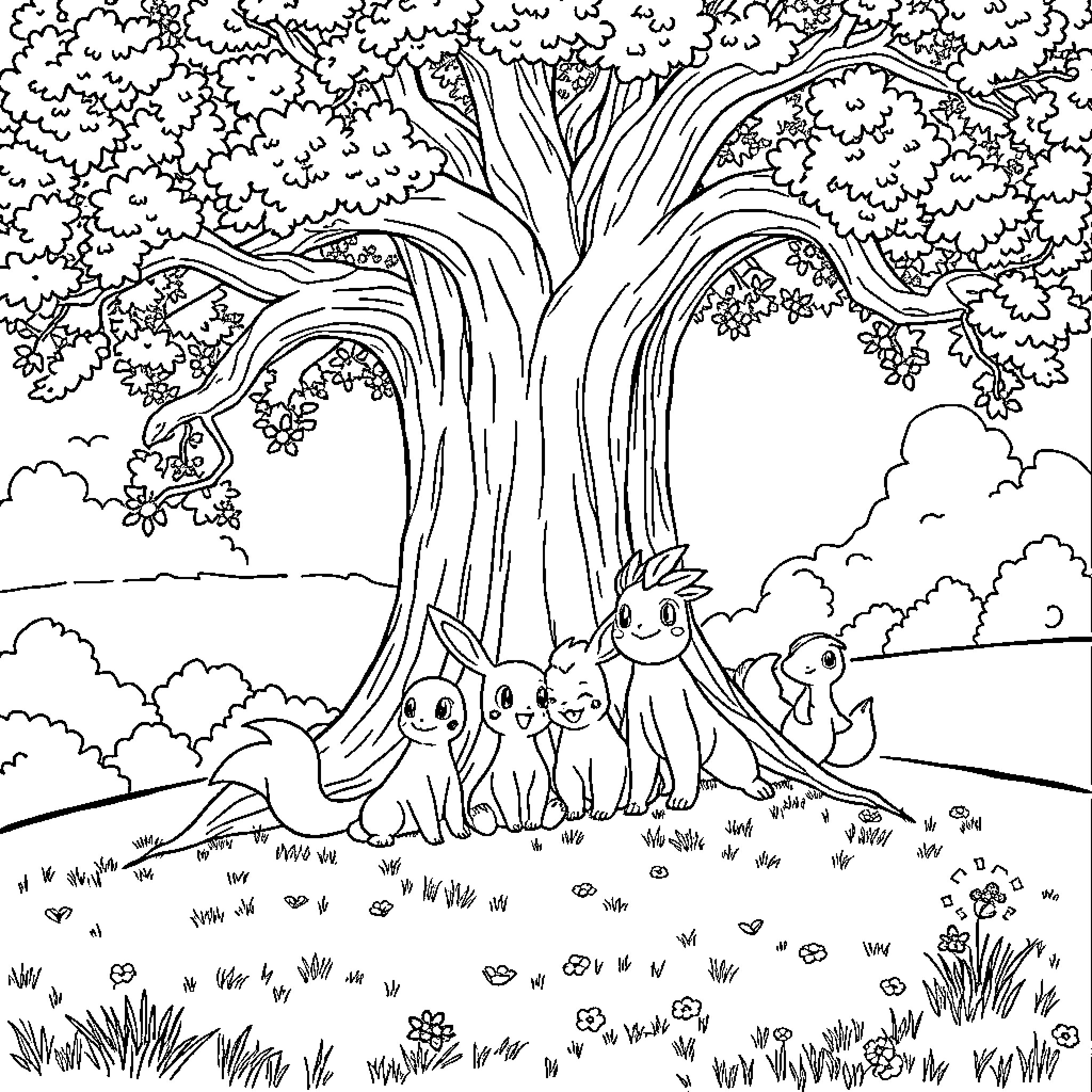 Pokémon characters enjoying the nature scene Coloring Page (free black-and-white line drawing printable PDF for all, from beginners to advanced learners, including children, teens, adults, and seniors)