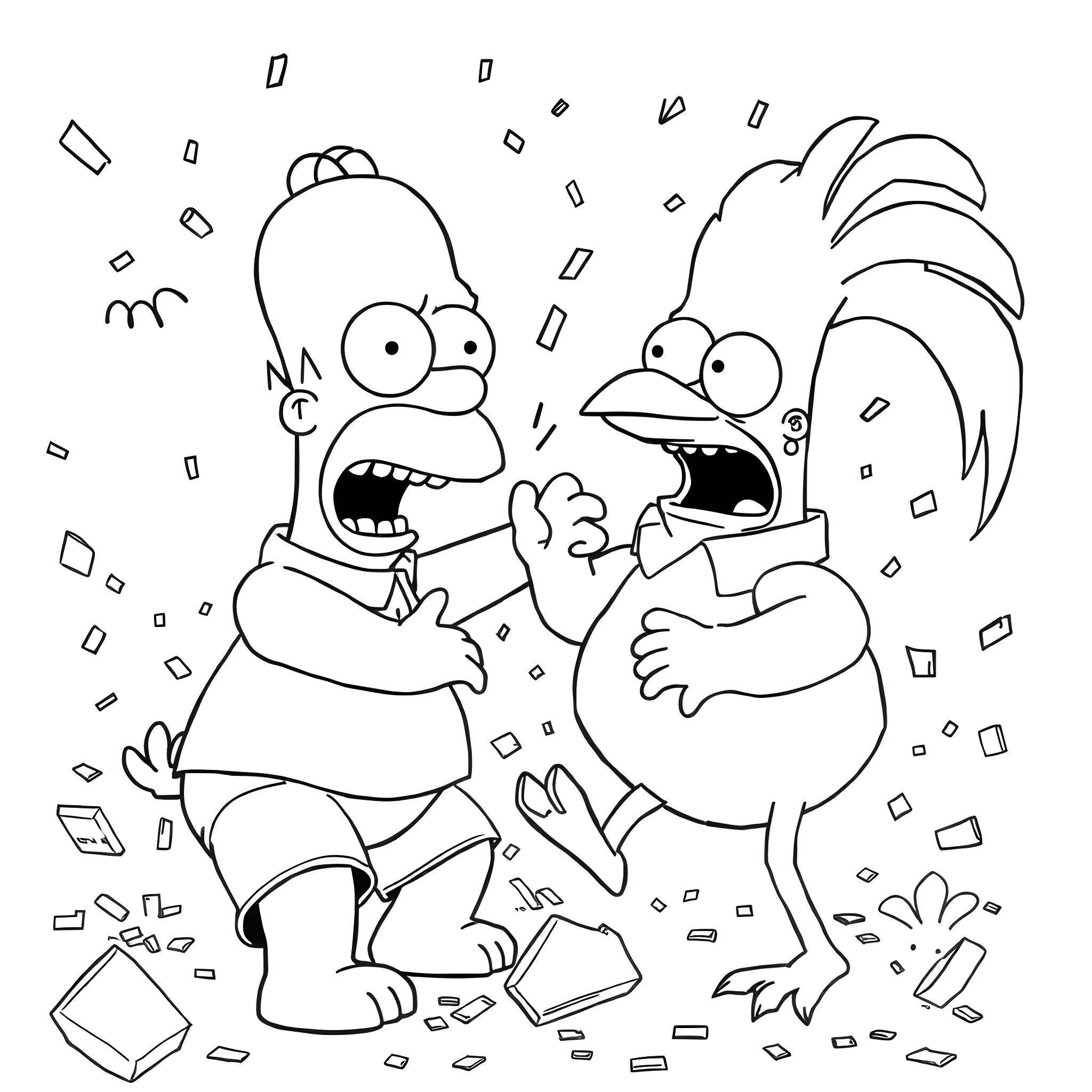 Homer Simpson in a Crazy Party Scene Coloring Page (free black-and-white line drawing printable PDF for all, from beginners to advanced learners, including children, teens, adults, and seniors)