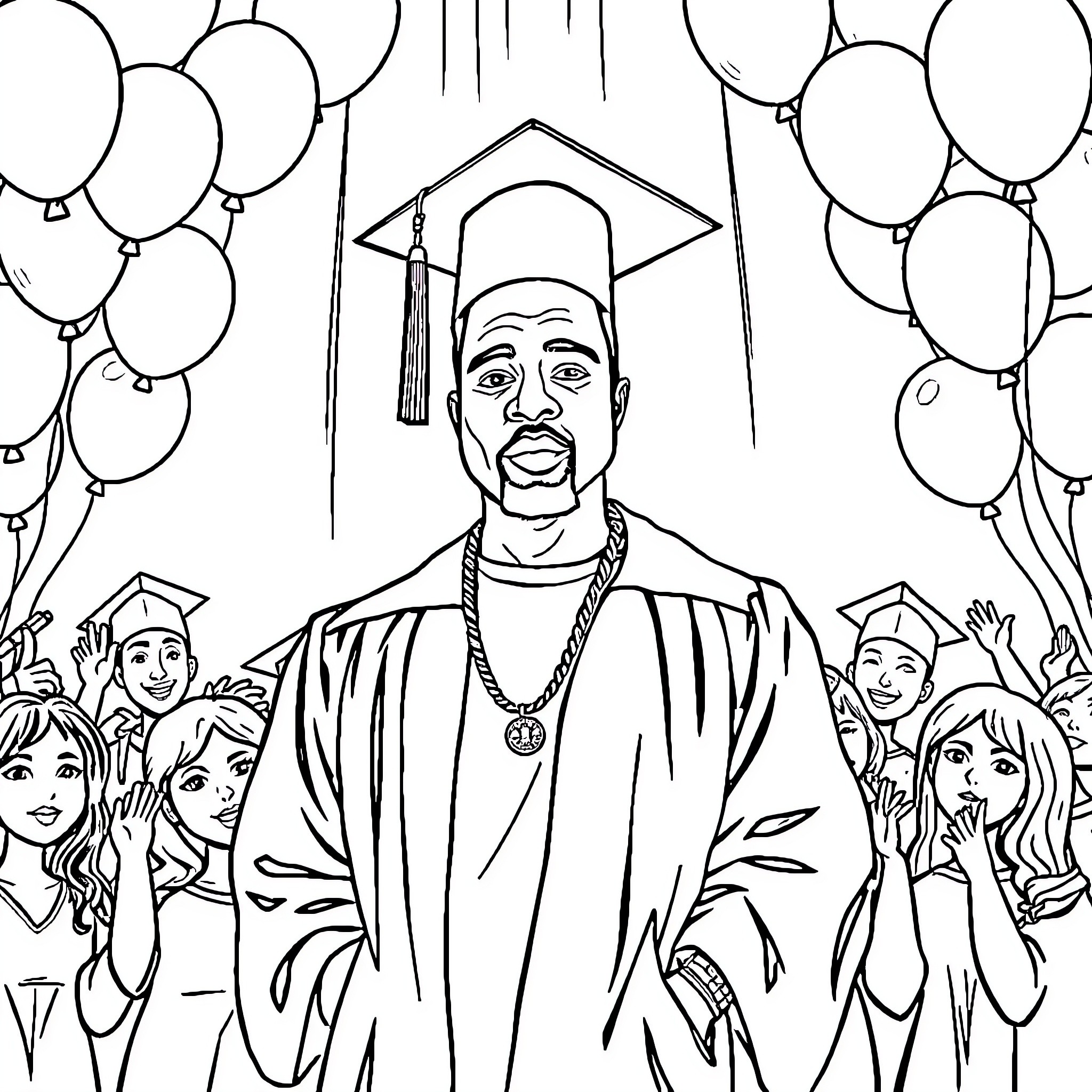 Kanye Celebrates Academic Achievement with Crowd Coloring Page (free black-and-white line drawing printable PDF for all, from beginners to advanced learners, including children, teens, adults, and seniors)