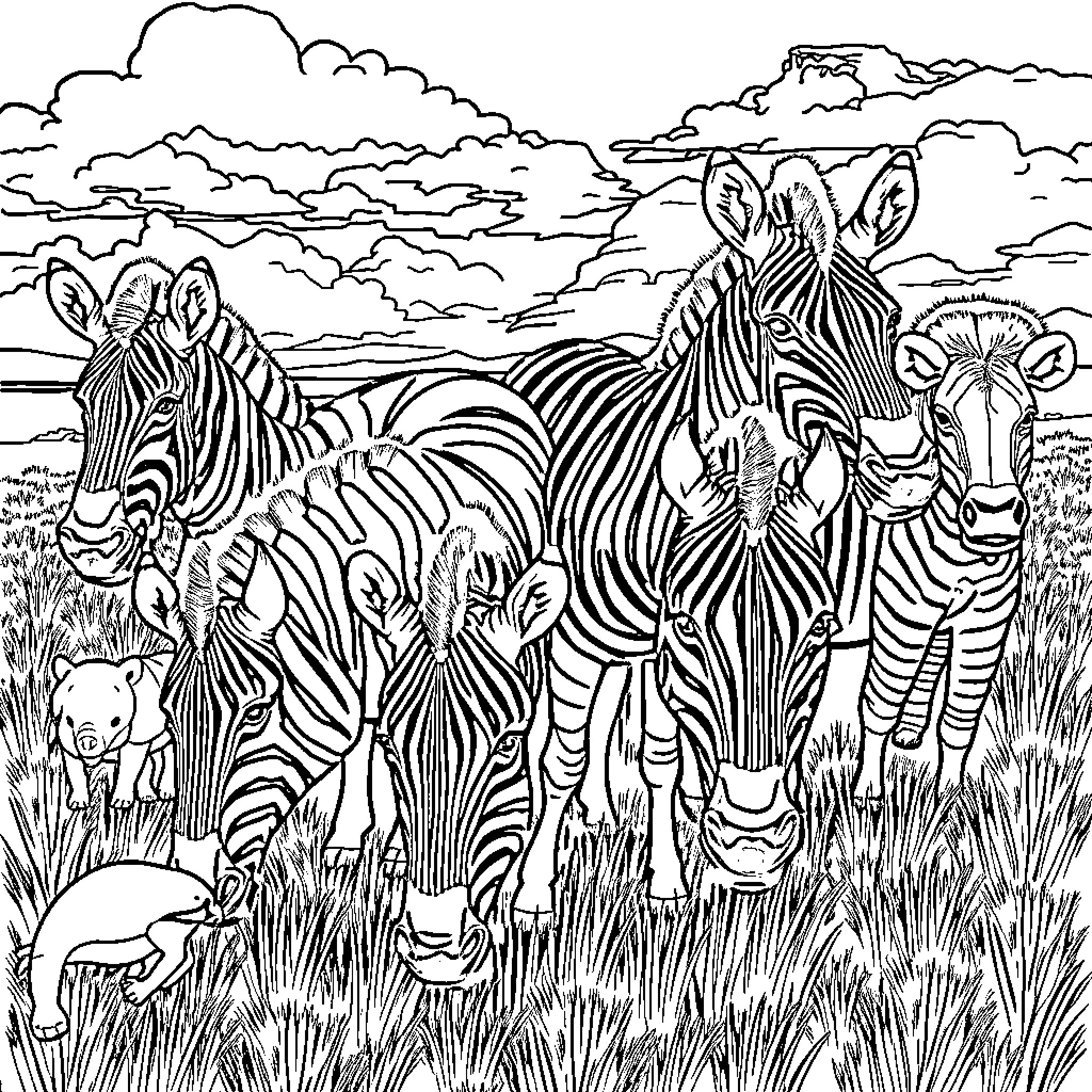 Zebra Herd Grazing in Serene Grassland Coloring Page (free black-and-white line drawing printable PDF for all, from beginners to advanced learners, including children, teens, adults, and seniors)