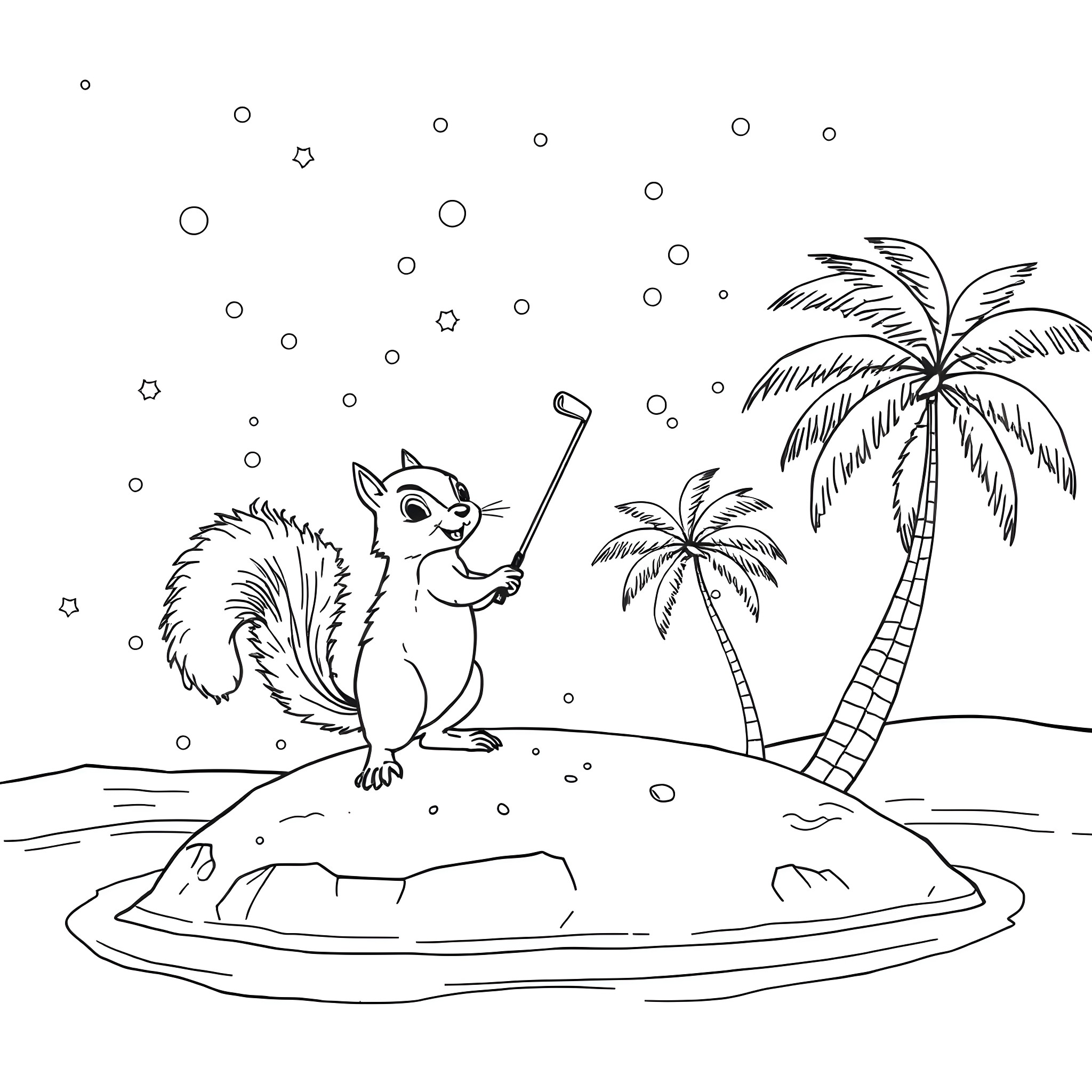 Squirrel enjoying a day at the beach Coloring Page (free black-and-white line drawing printable PDF for all, from beginners to advanced learners, including children, teens, adults, and seniors)
