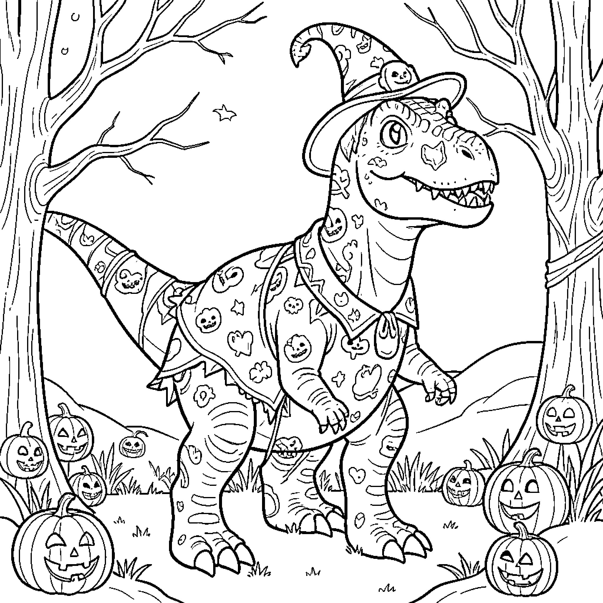 Dinosaur wearing a wizard hat and festive costume Coloring Page (free black-and-white line drawing printable PDF for all, from beginners to advanced learners, including children, teens, adults, and seniors)
