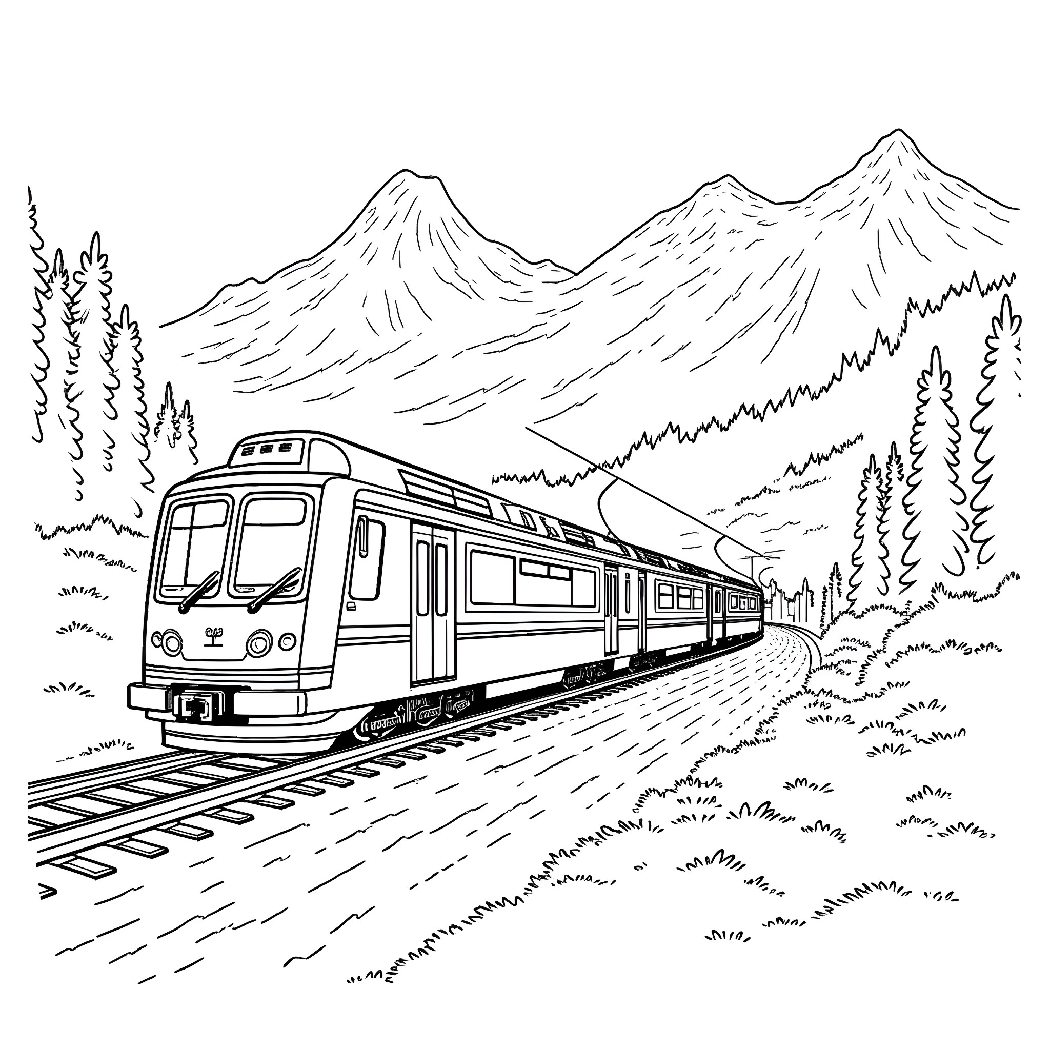 Train traveling through scenic mountain landscape Coloring Page (free black-and-white line drawing printable PDF for all, from beginners to advanced learners, including children, teens, adults, and seniors)