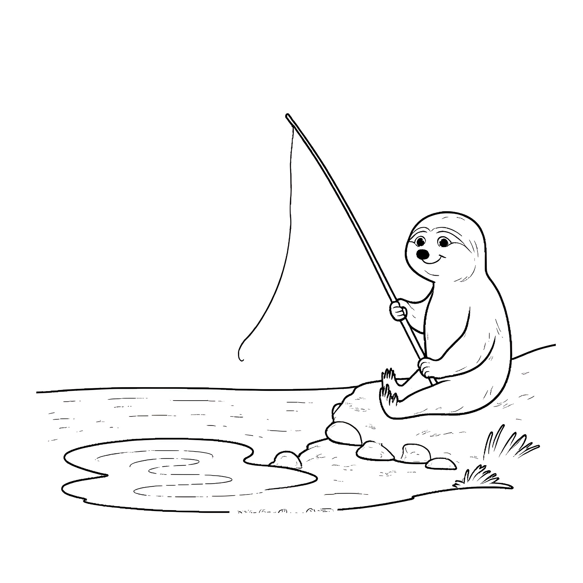 Sloth fishing happily by the pond Coloring Page (free black-and-white line drawing printable PDF for all, from beginners to advanced learners, including children, teens, adults, and seniors)