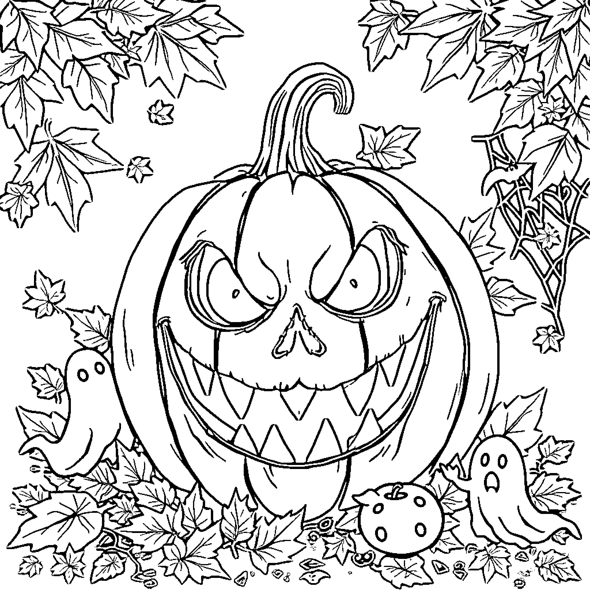 Pumpkin with spooky expressions surrounded by autumn leaves Coloring Page (free black-and-white line drawing printable PDF for all, from beginners to advanced learners, including children, teens, adults, and seniors)