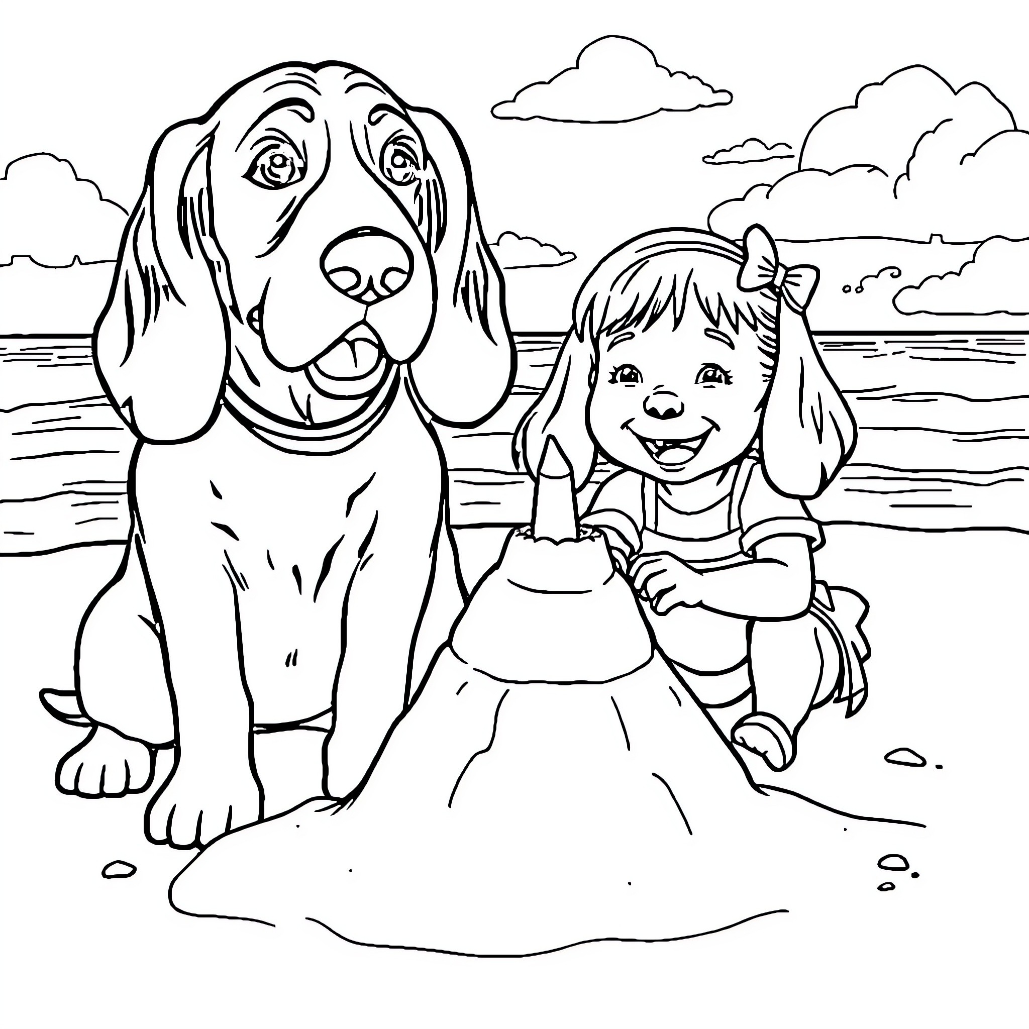 Basset Hound and Girl Playing by the Water Coloring Page (free black-and-white line drawing printable PDF for all, from beginners to advanced learners, including children, teens, adults, and seniors)