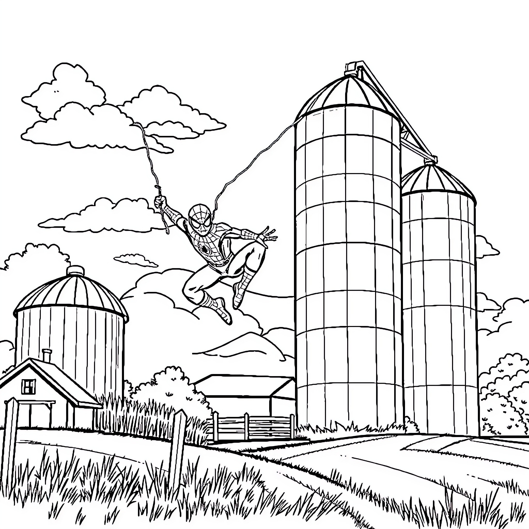 Spider-Man swinging through the countryside Coloring Page (free black-and-white line drawing printable PDF for all, from beginners to advanced learners, including children, teens, adults, and seniors)