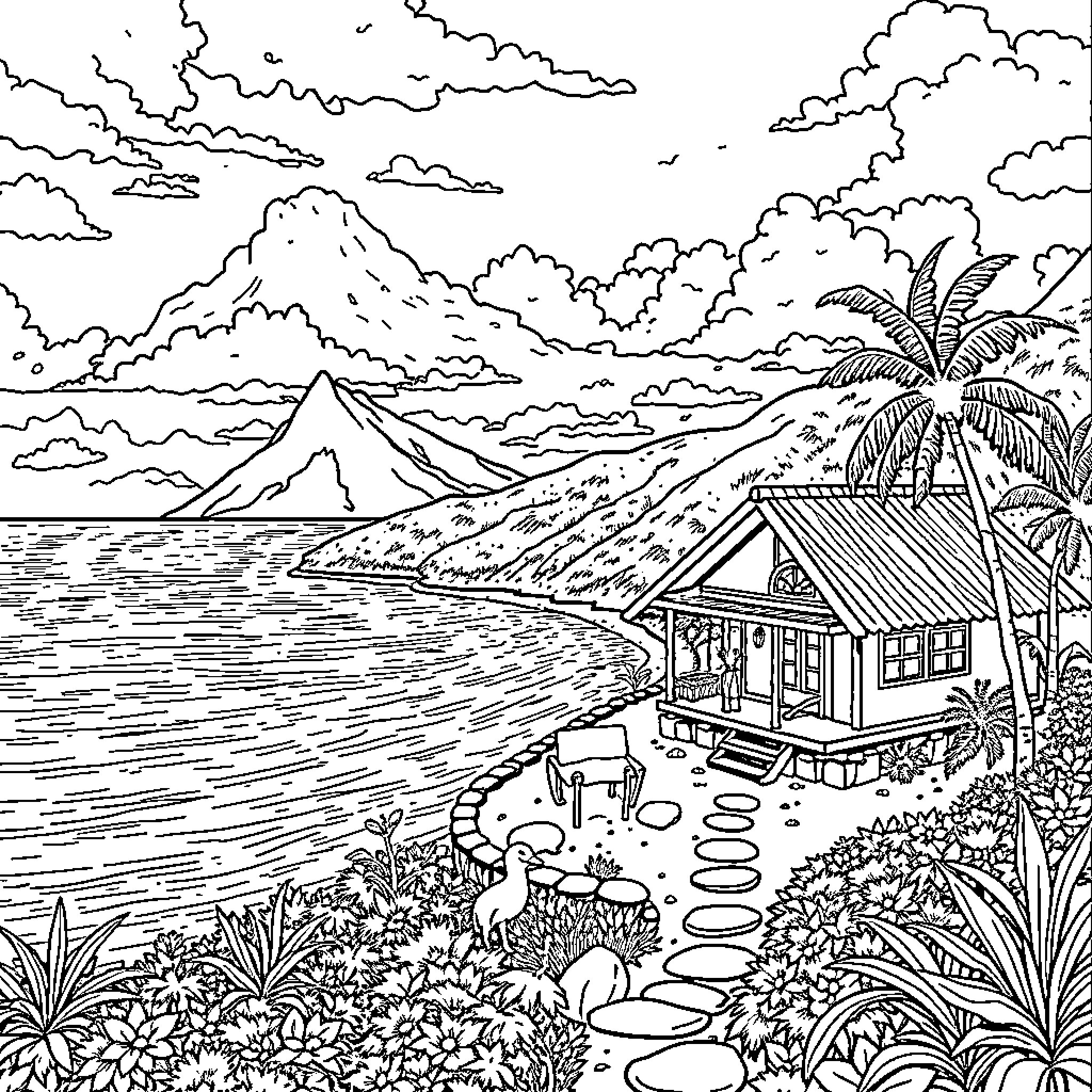 Cabin amidst scenic tropical landscape Coloring Page (free black-and-white line drawing printable PDF for all, from beginners to advanced learners, including children, teens, adults, and seniors)