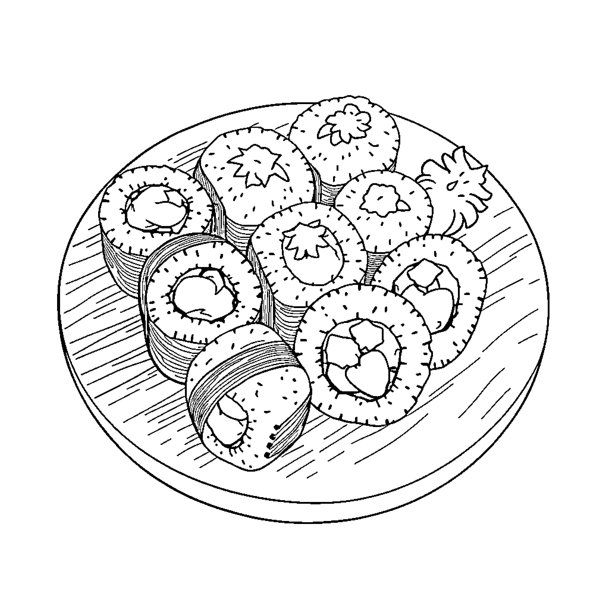 Sushi platter with various shapes and designs Coloring Page (free black-and-white line drawing printable PDF for all, from beginners to advanced learners, including children, teens, adults, and seniors)