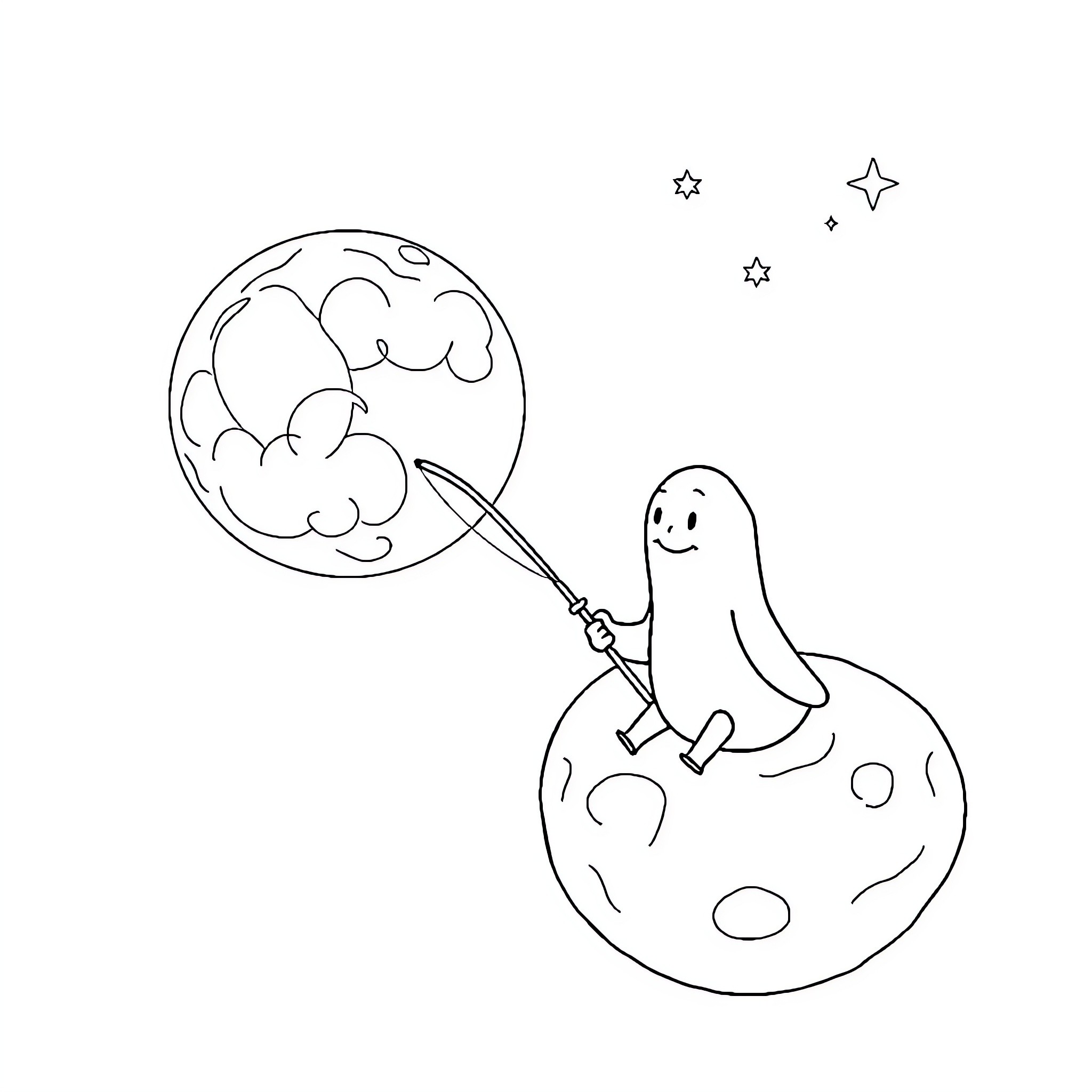Banana ghost exploring the moon with stars Coloring Page (free black-and-white line drawing printable PDF for all, from beginners to advanced learners, including children, teens, adults, and seniors)